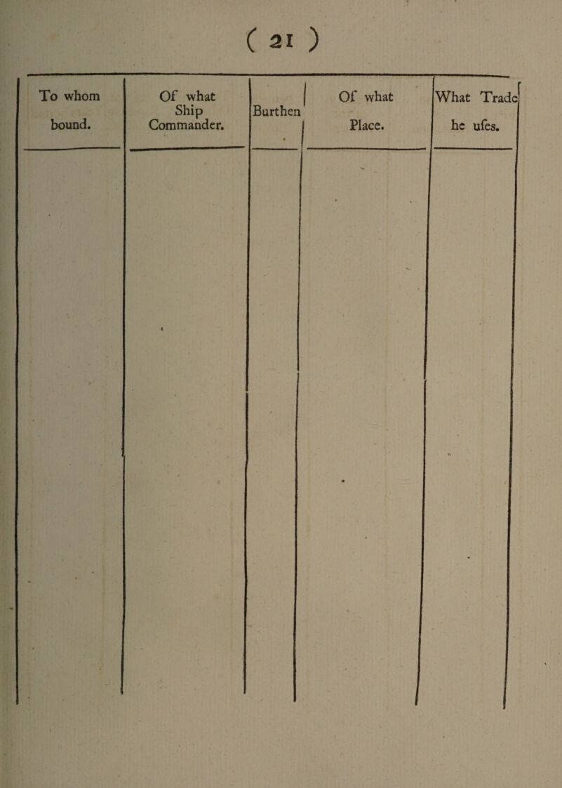 To whom bound. ( 21 ) Of what | Of what What Trade Ship Burthen Commander. Place. he ufes.