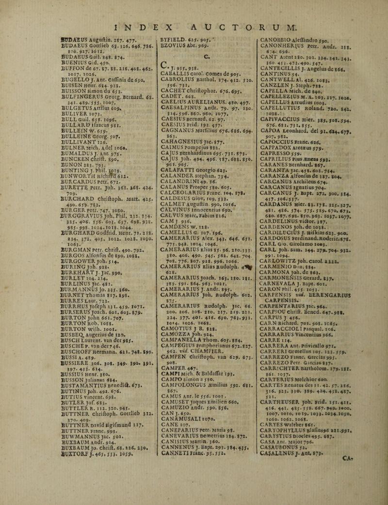 BUDAEUS Auguftin. 287. 477. EUDAEUS Gottlieb 6$. 326. 645. 786. gjo. 927. 1612. BUDAEUSGuil. S48. 874. BUENIUS Gid. 450. BUFFON dc 67. 87. 88.216. 408. 462. 1017. 1026. BUGELLO j. Ant. cafiinis de 630. BUISEN nenr. 684. 928. BUISSONsimondu 653. BULFINGERUS Georg. Bernard. 68. 341- 4?9- 995-1007. BULGETUS Attii as 609. BUL1VER 1073. BULL Guil. 658. 1096. BULLARD lfaacus 981. BULLEIN Sv. 659. BULLEINE Georg. 507. BULLIVANT 126. BULNERMtch. AdeI 106«. BUMALDUS J. Anr. 975. BUNCKEN Chrift. 890. BUNON 283. 79J. BUNTING J.Phil. 1019. BUNWORTH RrchaTd 612. BURCARDUSPetr. 672. BURETTE Petr. joh. 361. »68. 424. 709. BURCHARD chriftoph. JMart. 425. 490. 659. 782. BURGER petr. 747. roso. BURGGRAVIUS joh.Phil. 232.234- 325, 406. 556. 603. 657. 698.938. 985- 998- 1014.1018.1044. BURGHARD Godfrid. Henr. 71. 218. 234- 372. 405. 1012. 1028. 1030. 1063. BURGMAN petr. chrift. 490. 792. BURGOS Alfonfus de 890.1088. EURGOWER joh. $ 14. BURING Joh. 928. BURKHART J jac. 990. BURLET 104. 214. BURLINUS jac. 48J. BURMANNUS Jo. 235- 360. BURNET Thomas 817. 898. BURRES Laur. 722. BURRHUS jofeph 331. 459. 1071. BURSERUS joach. 601. 603. 879. BURTON John 661.707. BURTON Rob. 1088. BURTON wilh. 1001. BUSBEQ. Augerius de 120. BUSCH Laurent. van der 989. BUSCHE p. van der746. EUSCHOFF Hermann. 621.748.899. BUSSI a. 489- BUSSIERE 306. 308. 349- 390* 391. 397- 433- 614. BUSSIUS Henr. 380. BUSSON Julianus 684. EUSTAMANTIUS Benedift. 673. BUTINUS Joh. 492. 676. BUTiUS vincent. 698. BUTLER Jof. 683. BUTTLERr. 112. 320.949- BUTTNER chriftoph. Gottlieb 312. 370. 409. BUTTNER Dividsigifmund 117. BUTTNERpranc. 993. BUWMANNUS jac. 902. BUXBAUM Andr. 914. BUXBAUM jo. chrift. 68. 226. 230« fiUXTORFj.4<>9.iJ3. J0J9. BYFIELD. 629. 909. ' BZOVIUS Abr. 969. C. C J- 939. 938. CABALLIS caro!, comes de 909. CABROLIUS Barthol. 274.412. 920. 596.73i. CACHET chriflophor. 676.699. CADET. 668. CAELIUS AURELIANUS. 480. 497. CAESALPINUS Andr. 79. 97. iso. 314.996.860.960. 1077. CAESIUS Bernard, 62. 97. CAESIUS Frid, 192.497. CAGNANUS Marfilitis 676. 686. 694. 863. CAHAGNESIUS Jac. 877. CAIMUS Pompejus 882. CAJUSBernhardinus 699. 731. 873. CAJUS joh. 494. 496. 987.688.890. 961.969. CALAFATTI Georgio 623. CALANDER stephan. 734. CALANDRINI 49. 86. CALANUS Prosper 980. 609. CALCEOLARIUS Franc. 104. 178. CALDESUS Giov. 109. 933. CALMET Auguftin, 990. 1016. CALVINUS innocentius 690. CALVUS Mare. Fabius 816. CAM j 936, CAMDENS w. 128. CAMELLUS G. 107. 196. CAMERARIUS Alex. 343. 646. 691. 779-942.1014.1046. CAMERARIUS Elias 89. 96. 210.333. 380. 406. 490. 949. 962. 642.704. 708.776.807.928.996.1066. CAMERARIUS Elias nudolph. 41^ 628. CAMERARIUS joach. 163. 180. igi. 383. 591. 864.963.1021. CAMERARIUS J. Andr. 899. CAMERARIUS joh. fiudolph. 602. S75- CAMERARIUS Rudolph. jac. 66. 200. 206. 208- 210. 217. 219. 221. 224. 377’ 401* 416- 630. 763.931. 1014. >026. 1068. CAMOTIUS J B. 828. CAMOZZA Joh. 924. CAMPANELLA xhotn. 609. 884. CAMPEGIUS Svmphorianus 672.827. 962. vid. CHAMPIER. CAMPEN chriftoph. van 629, 673. 908. CAMPER 467. CAMPI Mich. ScBaldaflar 193. CAMPO simon a 980. CAMPOLONGUS .ffimilius 992. 681. 867. CAMUS Ant. le 996. jooi . CAMUSET jaques Emilien 660, CAMUZIO Andr. 990. 856. CAN J. 690. CANAMUSALI1070. CANE 107. CANEPARIUS Petr. Maria 98. CANEVARIUS Demetrius 184. 872. CANISIUS Martin. 360. CANNENUS J. Bapt. 293.384,433, CANNETI f ianc. 99. J J2» CANOBBIO Aleflandro 990. CANONHERIUS Petr. Andr. ig8. 674. 696. CANT Arent 280.302. 334.341.34^ 360 4jj.473.490.547. CANTECILLIS j. Angelus dc 866. CANTINUS 94. CANTWELLAl.426. 1083. CANZLEN J.Stcph. 788. CAPELLA Mich. de 840. CAPELLEZIUS M. A. 103. 117. io2c. CAPELL.US Arcudius 1003. CAPELLUTIUS Roland. 720. 842. 1038. CAFIVACCIUS Hier. 389, 908.994. 676.681.731.899. CAPOA Leonhard. dei 91.614,677, 907. 982. CAPOCCIUS Franc. 626. CAPPADOX Aretaeus 979. CAPRESSO 999. CAPRILIUS Pius .Enea* 993. CAR ANES Bernhard. 867. CARANTA jac. 498. 602. 734. CARANZA Alfonfus de 387. 804. CARCANUS Arcbileus 674. CARCANUS ignatius 704. CARCANUS J. Bapt. 272. 300, 384. 457.906.337. CARDANUS Hier. 83.178. 323. 327. 481. 486. J74- 373. 389. 670. 673. 6*0. 687. 692. 830.963. 1037. 1077. CARDELINUS viiftor. 387. CARDENOSjoh.de 1038. CARDILUCIUS J. Hifkias623. pco. GARDOSUS Ferdinand.R0deric.87g. CARL Gio. Girolamo 1003. CARL joh. sam. 144. 279. 704. 932. 99!. 1094. CAP-.LOWITZ joh. carol. a222. CARMENIO Din. 884. CARMONAjoh.de 863. CARMONENSIS Gerard, 837. CARNEVALA J. Bapt. 601. CARON phil. 435. 1033. CARPENSIS vid. BERENGARIUS CARPENSIS. CARPENTARIUS jac. 964. CARPSOU chrift. Bened. 647.98«. CARPUS J 436. CARN Richard. 701.508. ic63. CARRACCIOLI Pasqual. ic6. CARRARIUS Vincentius 966. CARRE 114. CARRERA Ant. Privicallo 97r. CARRERI Gemellus 103. 123. 339, CARREZO Franc. Garcias 995. CARREZO Petr. Garcias 837. CARRICHTER Bartholom. 179.18!. 861. 1037. CARTERIUS Melchior 600. CARTES Rcnatu6 des 11.42. 37. 286. 316. 323. 330. 389. 424. 498. 487. 32!- CARTHEUSER joh. Frid. 131.411. 416. 441. 4S5. 398. 667. 949. icoo. 1007.1010. 1019. 1033. 1034.1050. 1060.1062.1068. CARYES walther 863. CARYOPHYLLUS Blaftus96 221.991, CARYSTIUS Diocles 495. 687. CASA Ant. Major 796. CASAUBONUS 32. CASALENUSj.Ant, 87J‘