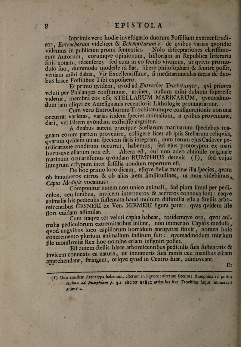 Inprimis vero hodie inveftigatio duorum Foflilium exercet Erudi¬ tor, Entrocborum videlicet & Belemnitarum s de qvibus varias qyotidie videmus in publicum promi fententias. Nolo difceptationes clarifTmio- rumAutorum, eorumqve opinionum, hiftoriam in Rcpublica litteraria latis notam, recenfere; fed cum in eo feculo vivamus, ut qvivis pro mo¬ dulo fuo, dummodo modefte id fiat, libere philolophari & fentire poftit, veniam mihi dabis, Vir Excellentiflime, fi meditatiuuculas meas de duo¬ bus hisce Foflilibus Tibi expofuero : Et primo qvidem, qvod ad Entrochos Trochitasqve, qvi priores velutiper Phalanges conflituunt, attinet, nullum mihi dubium fupcreffe videtur, membra eos efTe STELLARUM MARINARUM, qvemadmo- dum jam aliqvi ex Antefignanis recentioris Lithologise pronuntiarunt. Cum vero EntrochorumTrochitarumqve configurationis non una occurrat varietas, varias itidem fpecics animalium, a qvibus proveniunt, dari, vel laltem qvondam exftitifie arguitur. A duabus autem praecipue Stellarum marinarum fpeciebus ma¬ gnam eorum partem provenire, colligere licet ab ipfis Stellarum rcliqviis, uvarum qvidem unam Ppeciem fatis integram, cum totum ejus Cadaver pe- trificatione conditum occurrat, habemus, fed ejus prototypon cx mari hucusqve allatum non elh Altera eft, cui non adeo abfimile originale marinum oculatiffimus qvondam RUMPHIUS detexit (f), fed cujus integrum edypum inter foflilia nondum repertum eft. De hoc primo loco dicam, eflqve ftellat marinae illa fpecies, qvam ob innumeros cirros & ob alias item fimilitudines, ut mox videbimus. Caput Medufr vocamus: ...... . . Componitur autem non unico animali, led plura fimul per pedi¬ culos ceu funibus, invicem intertextos & accretos connexa funt: caqve animalia his pediculis fuflentata haud multum diffimilia efTe a Stellis arbo- refeentibus GESNERI ex Ven. HIEMERI figura patet: qvas qvidem ifte flori cuidam affimilat. . . ' . _ . Cum itaqve tot veluti capita habeat, totidemqve ora, qvot ani¬ malia pediculorum extremitatibus infunt, non immerito Capitis medufae, qvod angvibus loco capillorum horridum antiqvitas finxit, nomen huic concremento plurium animalium inditum fuit: qvemadmodum murium ille monftrofus Rex hoc nomine etiam infigniri poffet. Eft autem ftellis hisce arborefeentibus pediculis fuis fuftentatis & invicem connexis ea natura, ut innumeris fuis ramis ceu manibus efcam apprehendant, ftringant, oriqve qvod in Centro hiat, admoveant. — . < .. Et ^wmmamm mm— ' (f) Duo ejusdem Archetypa habemus, alterum in liqvorc; alterum ficcum; Rumphius vel potius HAlma Rumphium f. circiter 81840 articulos fivc Trochitas hujus numeravit animalis. % *- L ..