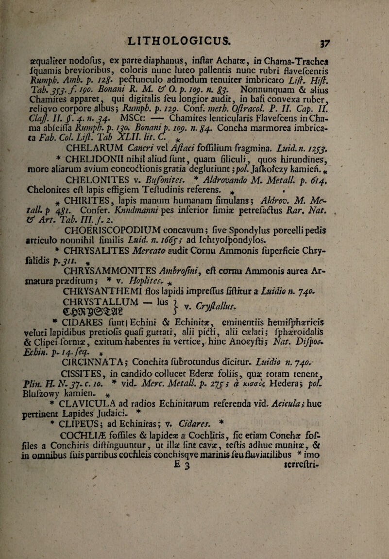 aequaliter nodo Ius, ex parte diaphanus, inflar Achatae, in Chama-Trachea Iquamis brevioribus, coloris nunc luteo pallentis nunc rubri flavefcentis Rumpb. Amb. p. 128. pedunculo admodum tenuiter imbricato Li(l. Hifi. Tab.jf3.f1p0. Bonani R. M. & O.p.103. n. 83♦ Nonnunquam & alius Chamites apparet, qui digitalis feu longior audit, in bafi convexa ruber, reliqvo corpore albus 5 Rumpb. p. 123. Conf. meth. Oflracol. P. II. Cap. II. ClaJJ. II. jf. 4. n. 34. MSCt: — Chamites lenticularis Flavefcens in Cha- ma abicifla Rumpb. p. 130. Bonani p. ioj. n. 84. Concha marmorea imbrica¬ ta Fab. Coi. Lift. Tab XLII. Iit. C. * CHELARUM Cancri vel Aflaci foflilium fragmina. Litid.n. 1233. * CHELIDONII nihil aliud funt, quam liliculi, quos hirundines, more aliarum avium concodionis gratia deglutiunt ;pol. Jafkofczy kamien.* CHELONITES v* Bufonites. * Aldrovando M. Metall. p. 614, Chelonites efl lapis effigiem Tefludinis referens. * . * CHIRITES, lapis manum humanam limulans; Aldrov. M. Me¬ tall. p 481. Confer. Knndmanni pes inferior limbe petrefadus Rar. Nat. & Art. Tab. III. f 2. ' CHOER1SCOPODIUM concavum; live Spondylus porcelli pedis articulo nonnihil limilis Luid. n. 1663; ad Ichtyofpondylos. * CHRYSA LITES Mercato audit Cornu Ammonis fuperficie Chry- lalidis p.311. * CHRYSAMMONITES Ambrojtni, eft cornu Ammonis aurea Ar¬ matura praeditum; * v. Hoplites* * CHRYSANTHEMI flos lapidi imprefliis liflrtur a Luidio n. 740. CHRYSTALLUM - lus 1 r^Mlus * CIDARES funt| Echini & Echinitae, eminentiis hemifphaericis veluti lapidibus pretiofls quali guttati, alii pidi, alii caelati; fphaeroidalis & Clipei formae, exitum habentes in vertice, hinc Anocyfli; Nat. Difpos* Ecbin. p-14. feq. * CIRCINNATA; Conchita fubrotundus dicitur. Luidio n. 740. CISSITES, in candido collucet Ederae foliis, quae totam tenent, PlitL H. N.37. c. 10. * vid* Mere. Metall. p. 273s d macros Hedera; pol* Blufzowy kamien. * * CLAVICULA ad radios Echinitarum referenda vid. Acicula> huc pertinent Lapides Judaici* * * CLIPEUS; ad Echinitas; v. Cidares. * COCHLI./E foffiles & lapideae a Cochlitis, fic etiam Conchae fof- flles a Conchitis diflinguuntur, ut illae lint cavae, teftis adhuc munitae, & in omnibus fuis partibus cochleis eonchisqve marinis feufluviatilibus * imo E 3 terreflri-