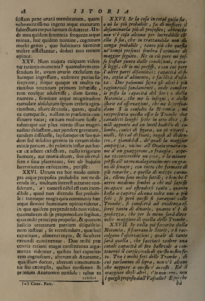 fcifiam pene ovarii membranam, quam vehementiflìmo ingens atque maturum fubie&um corpus luteum di duxerat. lin¬ de mea quidem fententia frequensatque minus, hoc quidem nomine, cognitum morbi genus , quo habitiorcs fceminae mifere afflidlantur, deduci non temere opinor. XXV. Num majora cuiquam viden* tur rationis momenta ? quamobrem cen- fendum fit, ovum ovario exclufum tu- bamque ingreflum, eademve potiusfu- fceprum ; ibique quaque ex inultis ra- tionibus retentum primum inhaslìfle , tum eoufque adoleviflfe , dum forma , numero , firmitate atque magnitudine cumulate abfolutumf^tum crebrisagita- tionibus, aliavedecaula, quam, qualis ca cumque fit, nullarn in prasfentia con- frituere vacat; ex i tum moli tum fuiffe , tubamque aut plus nimio illius magni¬ tudine di Judlam , aut pondere gravatam, tandemdiflìluifle, Iapfuinqueexfuoqui- dem fed infoliro gremio in cavumabdo- minis partum , ibi palmitis inftar aut bac¬ che tx arbore exfe&um, nullo irrigarum humore> aut mavisaltum, fiveobevub fame fmu placentam, live ob hujufce lacerationem exfìccatam , perijde . XXVI. Utrum res hoc modo conce- pta atque propofita probabilis nec ne di¬ fenda kit » multumintereft accurate con- iiderare, a ) tametli nihil eli tam incre¬ dibile , quod non dicendo fiat probabb le: tantoque magisquiacommunis haec atque firmior hominum opinio videtur, in qua quidem perpendenda non video, quamobrem ab ijs propemodum legibus, quas mihi principiopropofui ,& quarum fudicio ceterarum partium difquifitio- nem indimi , lìt recedendum, qua; loci capacitate, alimenticopia, & facultate exeundi continentur . Duo mihi pra; ceteris rationi magis confentanea argu- tnenta videntur , quibus loci capacita- tem cognofcam, alterumab Anatome, quaillam docear, alterum amonumen- tis feu excmplis, quibus confirmer. Si primum Anatomen confulo : tubas ea exhibet XXVI. Se la cofa incotalguifafia, o nò la più probabile , fa di meftieri il defaminarla più di propofito ; abbenche non v' è cofa alcuna per incredibile eh' ella fi fta, che in trattandola non di- venga probabile ; tanto più che quefia ne'tempi prefenti fembra l'opinione di maggior Jeguito. Ne in ciò pure mi pofi fo fcojìar punto dalle condizioni, equa- fi leggi, eh' io mi prefffi, e con cui pure /’ altre parti dìfaminai : capacità difi- to, copia d' alimento, e facilità d'ufci- ta . Due pajommi fopra gl/ altri i più ragionevoli fondamenti, onde conoscer io pcfja la capacità del [ito : o dalla Notomia , che me lo infegnì , o dalle iftorie ed offervazioni, che me L perva¬ dano S io confulto la Notomia , mi | rapprefenta quella effe r le Trombe due i canaletti lunghi fette in otto dita , fu j miti appunto ad un fottìi buddro dì co- ! lombo, conici di figura, un pò ritorti , molli y lijci al di fuori, rugo fi al di den¬ tro y e giandi toft , de' quali la maggior ampiezza, vie ino all' Ovaia ornata co¬ me d'un guazz^rone, o frangia , appe¬ na vi conterrebbe un cece, e la minore prleffo all' utero malagievolmente un gra¬ no di fenape ; con tutto che formate dì più tonache , e quella di mezzo ramo- fa y elleno fono molto fattili ; e benché l' utero medemo fembri a chi noi fapeffe incapace ad. e fender fi tanto , quanto bufa a capirvi alcuna volta uno o più | feti ; fe però quefli fi paragoni colle J Trombe , fi conofeerà ad evidenza ef | fervi tanto di divario, quanto v' è di \grofsezza> °he per lo meno faràdiece volte maggiore di quella delle Trombe . XXVlì. Se nulla poi favorito dalla Notomia, fifeorrano le Storie, e fi rac¬ colgano l’ofscrvazicni ; quale di tante farà quella , che facciaci vedere una cotale capacità dì fito bade iole a con¬ tenervi il corpiccn olo di qur(ìo nofìro fe¬ to . Tra ì molti feti delle Trombe , di cui parlammo di fopra, nonv'è alcuno che neppure a quefto f' accofti , Ed il maggiore degli altri, s'io non erro, non è quegli propofio dall' Vafsalto ? E poi che t ha (■a) Cicer. Parr.