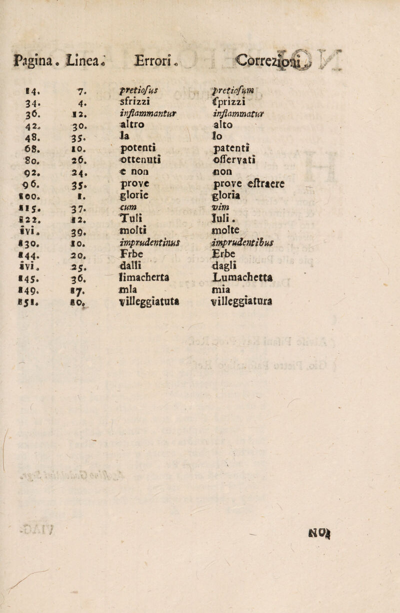 Pagina» Linea» Errori» M* 7. pretiofus pretiofum 34- 4. sfrizzi Cprizzi 2<>. 12. inflammantur inflammatur 4 2»> 3°» altro alto 43. 35. la lo 68. IO. potenti patenti So. 26. ottenuti offervatì <92. 24. c non non 9 6a 35* provo prove oflxaere 800. 1. glorie gloria il 5. 37. tum vim *22. *2. Tuli^ Ioli « ivi* 39. molti molte *30. IO. ìmprudcntìnus imprudentihus *44. 20. Frbe Erbe Ivi. 25. dalli dagli *4 S. 36.  limacherta Lumachetta *49. *7* mia mia *5®* IO. villeggiatura villeggiatura \ tiOJ
