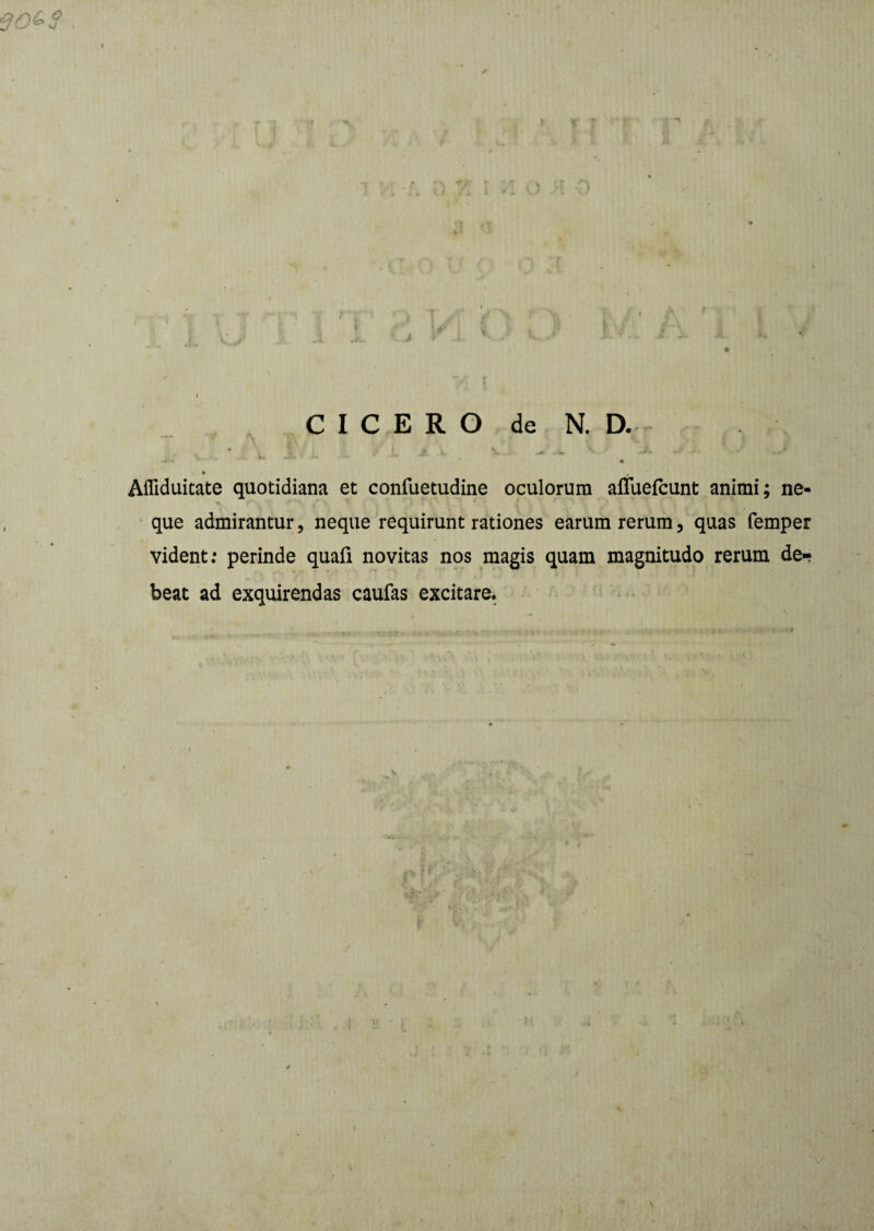 J *■ ' O .r\ w > C I C E R O de N. D. • *' , i * k V.) ~-J. v . -i- Js» T i- ^ -i- v. • Afliduitate quotidiana et confuetudine oculorum afliiefcunt animi; ne¬ que admirantur, neque requirunt rationes earum rerum, quas femper vident: perinde quafi novitas nos magis quam magnitudo rerum de¬ beat ad exquirendas caufas excitare.