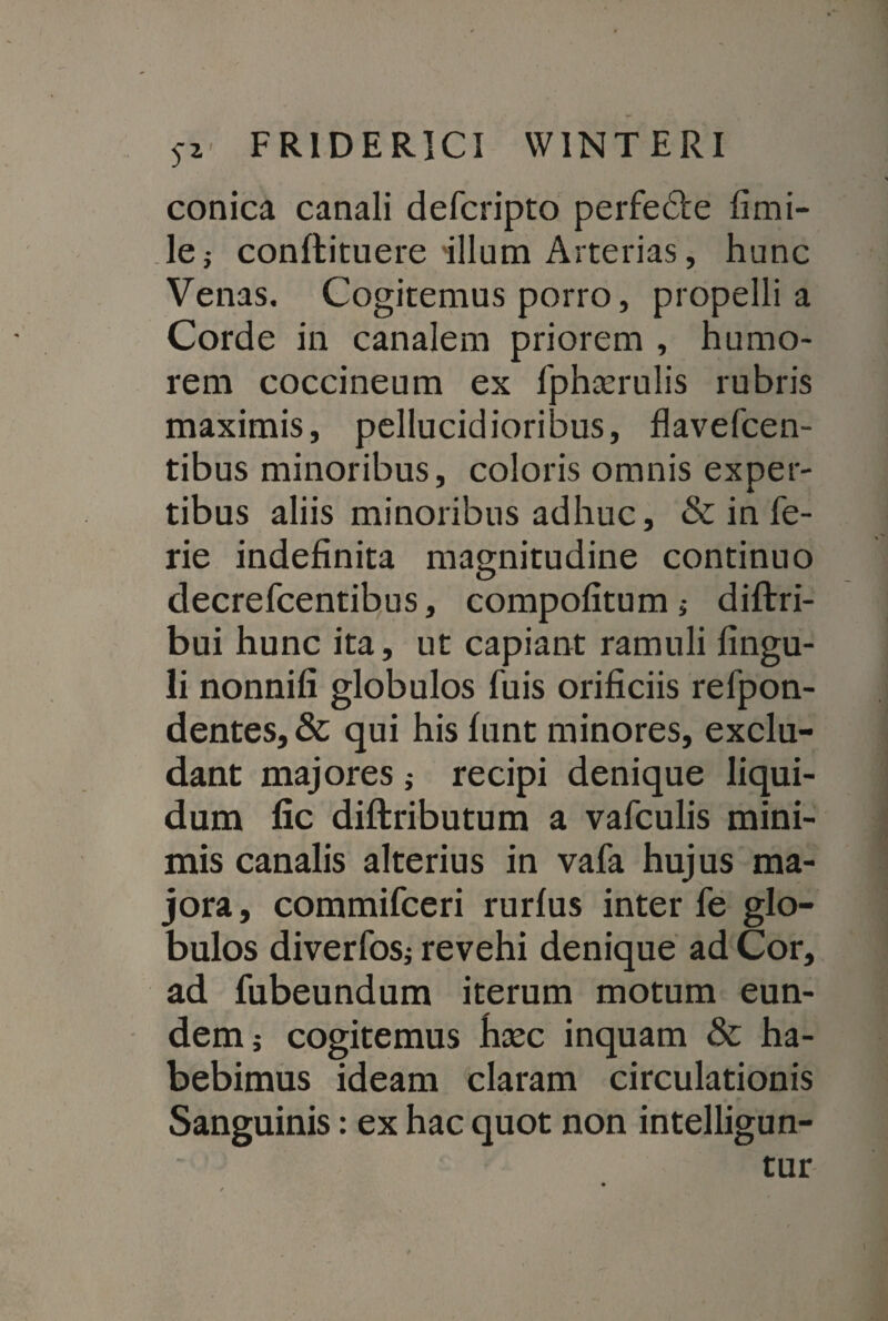 conica canali defcripto perfe&e fimi- le j conftituere'illum Arterias, hunc Venas. Cogitemus porro, propelli a Corde in canalem priorem , humo¬ rem coccineum ex fphasrulis rubris maximis, pellucidioribus, flavefcen- tibus minoribus, coloris omnis exper¬ tibus aliis minoribus adhuc, & infe¬ rie indefinita magnitudine continuo decrefcentibus, compofitum > diftri- bui hunc ita, ut capiant ramuli fingu- li nonnifi globulos fuis orificiis refpon- dentes, & qui his fiint minores, exclu¬ dant majores ; recipi denique liqui¬ dum fic diftributum a vafculis mini¬ mis canalis alterius in vafa hujus ma¬ jora, commifceri rurlus inter fe glo¬ bulos diverfos; revehi denique ad Cor, ad fubeundum iterum motum eun¬ dem i cogitemus fitec inquam & ha¬ bebimus ideam claram circulationis Sanguinis: ex hac quot non intelligun- tur