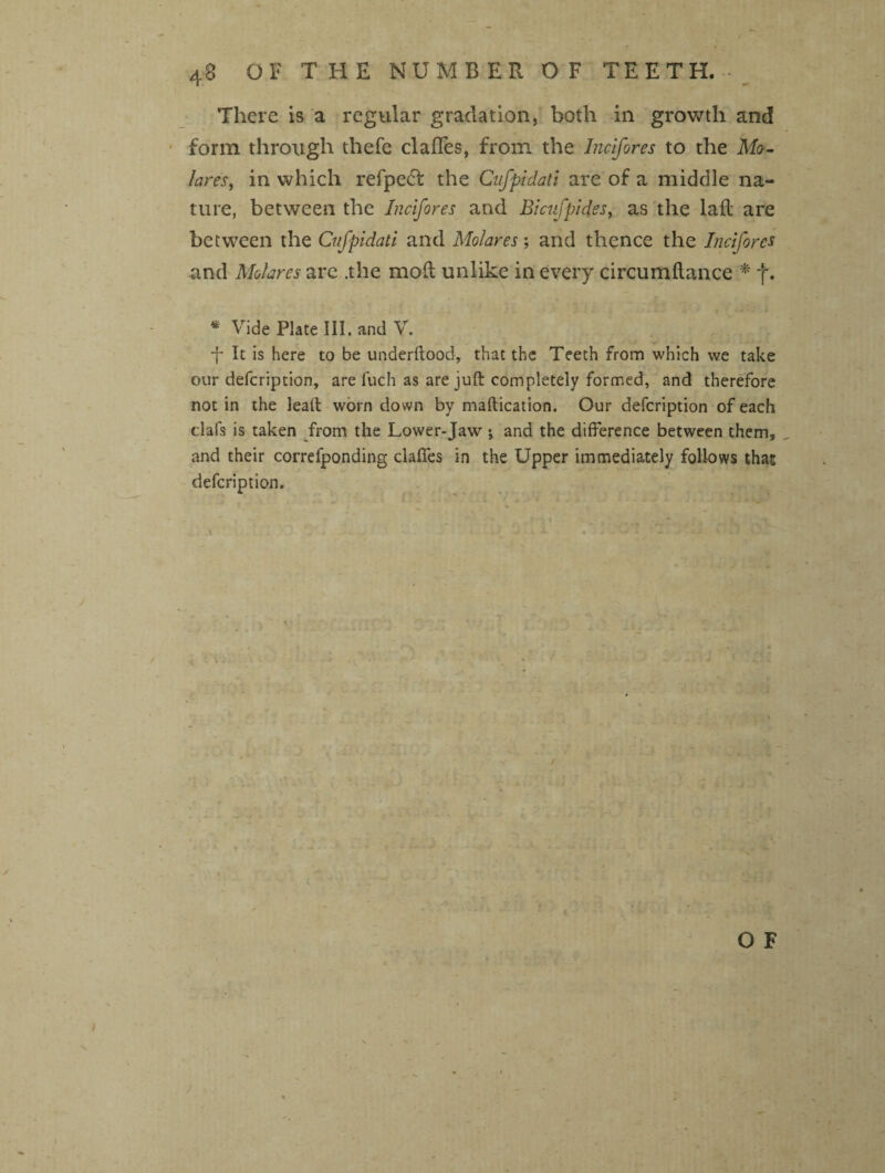 There is a regular gradation, both in growth and form through thefe clafles, from the Incifores to the Mo- lares, in which refpedt the Cufpidati are of a middle na¬ ture, between the Incifores and Bicufpides, as the laft are between the Cufpidati and Molares; and thence the Incifores and Molares arc .the mod unlike in every circumftance * f. • Vide Plate III. and V. f It is here to be underftood, that the Teeth from which we take our defcription, are fuch as are juft completely formed, and therefore not in the leaft worn down by maftication. Our defcription of each clafs is taken from the Lower-Jaw ; and the difference between them, and their correfponding claffes in the Upper immediately follows that defcription. \ .... - d-w' ; V J. . *2 OiJ .Ok'