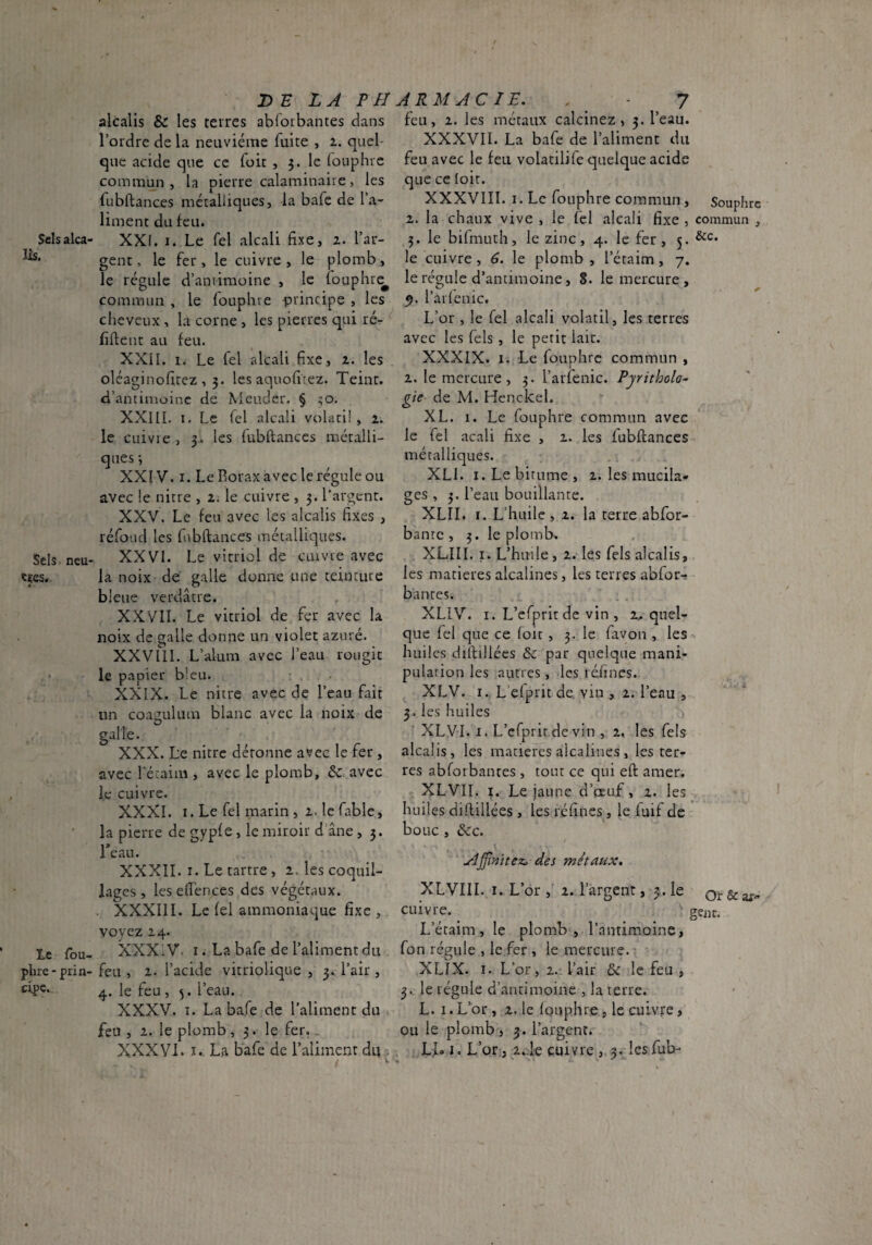 alcalis & les terres abioibantes dans l’ordre de la neuvième fuite , 1. quel¬ que acide que ce fuit , 5. le foiiphre commun, la pierre calaminaire, les fubftances métalliques, la bafe de l’a¬ liment du feu. Sclsalca- XXI. i. Le Tel alcali fixe, 2. l’ar- fls* genc, le fer , le cuivre , le plomb , le régule d’antimoine , le foupht^ commun, le foupbve principe, les cheveux, la corne , les pierres qui ré- fiflenc au feu. XXII. I. Le fel alcali fixe, i. les oléaginofitez , 3. les aquofitez. Teint, d’antimoine de Meuder. § 30. XXIII. I. Le fel alcali volatil , 2. le CLiivie, 3. les fubftances métalli¬ ques 3 XXIV. I. Le Rorax avec le régule ou avec le nitre , 2, le cuivre , 3. l'argent. XXV. Le feu avec les alcalis fixes , réfoud les fubftances métalliques. Sels neu- XXVI. Le vitriol de cuivie avec ttes. la noix de galle donne une teinture bleue verdâtre. XXVII. Le vitriol de fer avec la noix de salle donne un violet azuré. XXVlll. L’alum avec l’eau rougit le papier bieu. XXIX. Le nitre avec de l’eau fait un coasulum blanc avec la noix de O galle. XXX. Le nitre détonne avec le fer , avec l’écaim , avec le plomb, &: avec le cuivre. XXXI. I. Le fel marin , 2. le fable, la pierre de gypfe, le miroir d âne, 3. Te au. XXXII. I. Le tartre, 2. les coquil¬ lages , les elfences des végétaux. . XXXIII. Le fel ammoniaque fixe, voyez 24. Le fou- XXXIV. I. La bafe de l’aliment du plire-prin-feu , 2. l’acide vitriolique , 3. l’air , 4. le feu, l’eau. XXXV. I. La bafe de l’aliment du feu , 2. le plomb, 3. le fer. . XXXVI. I., La bafe de l’aliment du;; feu, 2. les métaux calcinez, 3. l’eau. XXXVII. La bafe de l’aliment du feu avec le feu volatilife cjuelque acide que ce loir. XXXVIII. I. Le fouphre commun, Souphre 2. la chaux vive , le fel alcali fixe , commun , 3. le bifmuth, le zinc, 4. le fer, 5. le cuivre , 6. le plomb , l’étaim, 7. le régule d’antimoine, 8. le mercure , l’arlenic. L’or , le fel alcali volatil, les terres avec les fels , le petit lait. XXXIX. I. Le fouphre commun , 2. le mercure , 3. l’arfenic. Pyritholo^ gie de M. Henckcl. XL. 1. Le fouphre commun avec le fel acali fixe , 2. les fubftances métalliques. XLI. I. Le bitume , 2. les mucila¬ ges , 3. l’eau bouillante. XLII. i. L’huile , 2. la terre abfor- banre , 3. le plomb. XLIII. I. L’hu'ile , 2. les fels alcalis, les matières alcalines, les terres abfor- bantes. XLIV. I. L’cfpritde vin , 2, quel¬ que fel que ce foit , 3. le favon , les huiles dtftillées & par quelque mani¬ pulation les autres , les rélines. XLV. I. L’efprit de vin , 2. l’eau , 3. les huiles XLVI. I. L’efprit de vin , 2. les fels alcalis, les matières alcalines , les ter¬ res abforbanres , tout ce qui eft amer. XL VII. I. Le jaune d’oeuf, 2. les huiles diftillées, les réfines, le fuit de bouc , &c. Affinitez. des métaux, XLVIII. I. L’or , 2. l’argent, 3.1e or&ar- cuivre. ^ ^ ^ gear. L’étaim, le plomb , l’antimoine, fon régule , le fer , le mercure. XLIX. I. L’or, 2. l’air & le feu , 3.. le régule d’antimoine , la terre. L. 1. L’or, 2. le fouphre, le cuivre ou le plomb, 3. l’argent. L,I. I. L’or', 2.1e cuivre ,. 3. les fub-