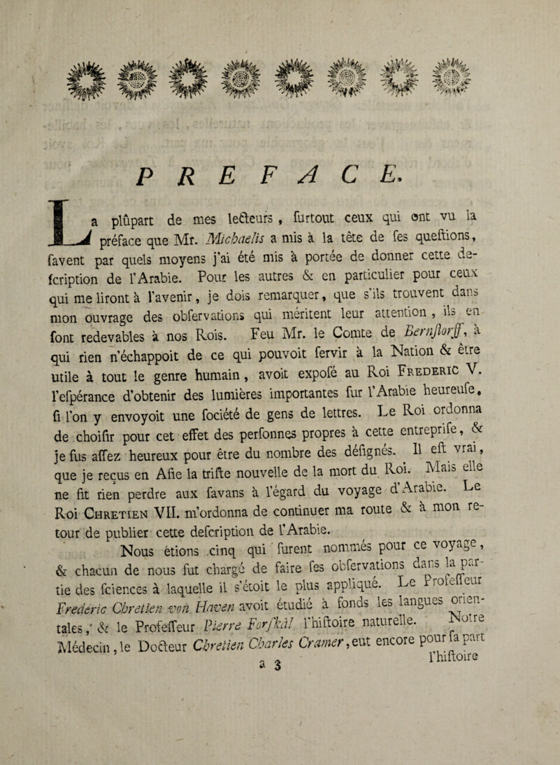 \ PREFACE. La plupart de mes lefteurs, furtout ceux qui ont vu la préface que Mr. Michaelis a mis à la tète de fes queftions, favent par quels moyens j’ai ete mis à portée de donner cette fcription de l’Arabie. Pour les autres & en particulier pour ceux qui me liront à l’avenir, je dois remarquer, que s’ils trouvent dans mon ouvrage des obfervations qui méritent leur attention , ils en font redevables à nos Rois. Feu Mr. le Comte de Bernflorff, a qui rien n’échappoit de ce qui pouvoit fervir à la Nation & être utile à tout le genre humain, avoit expofé au Roi Frédéric V. l’efpérance d’obtenir des lumières importantes fur l’Arabie heureufe, fi l’on y envoyoit une fociété de gens de lettres. Le Roi ordonna de choifir pour cet effet des perfonnes propres à cette entreprife, & je fus affez heureux pour être du nombre des défignés. . Il eft vrai, que je reçus en Afie la trifte nouvelle de la mort du Roi. Mais elle ne fit rien perdre aux favans à l'égard du voyage d Arabie. Le Roi Chrétien VII. m’ordonna de continuer ma route & à mon re tour de publier cette defcription de l’Arabie. Nous étions .cinq qui furent nommes pour ce voyabe, & chacun de nous fut chargé de faire les obfervations uam la pm tie des fciences à laquelle il s’étoit le plus appliqué. Le P rotetteur Frédéric Chrétien von Haven avoit étudié à fonds les langues orien¬ tales le Profeffeur Pierre Forjkâl Ihiftoire naturelle. Jir^ Médecin,le Dofteur Chrétien Charles Cramer,*ut encore pouriapart