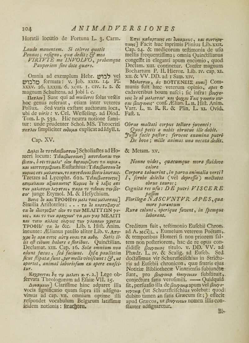 Horatii locutio de Fortuna L. 3. Carm. Laudo manentem. Si celeres quatit Pennas; refigno, qua dedit: & mea VIRTVTE me INVOLVO, probamque Pauperiem fine dote qucero. Omnia ad exemplum Hebr. vel formata: v. Job. xxix. 14, Pf. xxxv. 26. lxxiii. 6. xciii. 1. civ. i. 2. & magnum Schultens. ad Jobi 1. c. Πέπλον] Sunt qui ad mulieres folas veftis hoc genus referant, etiam inter veteres Pollux. Sed varia exftant audorum loca, ubi de viris : v. Cei. Weffeling. ad Diod. Tom. 1. p. 332. Hic neutra notione fumi- tur: unde prudenter Schol. MS. Theocriti πέπλον fimpliciter ενίυμχ explicat ad Idy 11.1. Cap. XV. Δήλοι το τιόχιβωσσειν] Scholiaftes ad Ho¬ meri locum: Ύιθχιβωσσουσι] χποτιβεντχι την βοσιν, ο εςι το μέλι’ οιον ΰ^σχυριζουσι τχ χ,νιριχ-, χχι νεοττοτροφουσι· Euftathius: ΤιΟχιβωσσειν ΰε κυρίως επι μελισσών, το χποτιΘενχι βοσιν εχυτχις. Tzetzes ad Lycophr. 622. Ύιόχιβωσσοντος] επιμελειών χξιωσχντος' Κυρίως ή λεξις επι των μελισσών λεγετχι·, πχρχ το τιύενχι τηνβο- πιν' junge Etymol. Μ. & Hefychium. Βοσις ΰε χχι ΤΡΟΦΗ το μέλι τχις μελισσχις] Similia Ariiloteles: . . . τχ 3ε χχρποφχγχ' τχ ϊε ώιοτροφχ' οιον το των ΜΕΛΙΤΤίΙΝ γέ¬ νος, χχι το των αραχνών' τχ μεν γχρ ΜΕΛΙΤΙ χχι τισιν χλλοις ολιγοις των γλυκέων χρχτχι ΤΡΟΦΗ/' τχ ΰε &c. Lib. i. Hift. Anim. ineunte: ./Elianus paullo aliter Lib. v. aπο- χρη δί χρχ σίτος χυττρ. εινχι τχ avdy. Satis il¬ iis eft cibum habere e floribus. Quindilian. Declamat, xm. Cap. 16. Solee omnium non edunt fcetus , fed faciunt. Ipfa paullatim ficut fiipata fiunt ,per mella vivificum: ut oportet, animal labor tofum ex opere enafici- tur. Kεχρηνται τφ μελιτι χ· τ. λ.] Lege ob* fervata Theologorum ad Efaiae VII. 15. Δυνάμεων] Clariffime hinc adparet illa Vocis fignilicatio quam fupra illi adfigna- vimus ad cap. vn. omnium optime illi refpondet vocabulum Belgarum latiffimae itidem notionis: ftraefiten. E πει χχύχρτιχης εςι Ιυνχμεως, χχι συντηρη¬ τικής] Facit huc inprimis Plinius Lib.xxii. Cap. 24. & medicorum teftimonia de ufu mellis frequentiffima; omnia Quindilianus congeffit in eleganti apum encomio , quod Deciam, xui. continetur. Confer magnum Bochartum P. II. Hieroz. Lib. iv. cap. xi.. xii. & VV. DD. ad 1 Sam. xiv. Μελισσών, χς ΒΟΤΓΕΝΕΙΣ εινχί] Com¬ munis fuit hasc veterum opinio, apes e cadaveribus boum nafei; fic infra: βουγε- νεις bs xi μελισσχι' χχι ψυχαι $'εις γενεσ/ν ιου- σχι βουγενεις’ conf. /Elian. L.11. Hift. Anim. Varr. L. 11. R. R, & Plin. L. xi. Ovid*. Faft. 1. Obrue malitati corpus tellure juvenci: Quod petis a nobis obrutus ille dabit, jfujfa facit paflor; fervent examina putri De bove ; mille animas una necata dedit & Metam, xv. Nonne vides, quacumque mora duidove calore Corpora tabuerint, in parva animalia verti ? /, ferobe delecta (vel depreffa') mactatos obrue tauros; Cognita res ufu: DE putri VISCERE pajfim Florilega N ASCVNTVR A P E S ,qu<z more parentum Rura colunt, operique favent, in fpemque laborant. Creditum fuit, teftimonio Eufebii Chron. ad A. mccl. 5 Eumelum veterem Poetam,- & temporibus Homeri fi non priorem fal- tem non pofteriorem, hac de re opus con- didilfe βουγονιχς titulo, v. DD. VV. ad Phasdr. L. iv. & Scalig. ad Eufeb. Sed dodiffimus vir Schurzfieifchius in Stridu- ris ad Eufebii chronicon, quas fratris ejus Notitiae Bibliothecas Vinarienfis fubjundte fiint, pro βουγονίφ Θεογονιών fiubftituit conjedura fatis verofimili. —— Quidquid fit, perfuafio illa de βουγονι# apum vel βουγε- νογονι% (ut Schurzfieifchius volebat: quod! dubito tamen an fatis Grascum fit;) effecit apud Grascos, ut βουγενεων nomen illis con- ftanter adfignaretur.