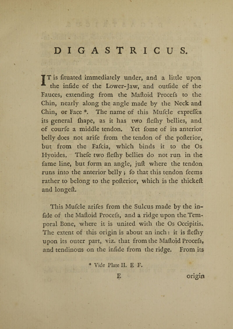 DIGASTRICUS. T T is fituated immediately under, and a little upon the infide of the Lower-Jaw, and outfide of the Fauces, extending from the Maftoid Procefs to the Chin, nearly along the angle made by the Neck and Chin, or Face *. The name of this Mufcle exprefles its general fliape, as it has two flefliy bellies, and of courfe a middle tendon. Yet fome of its anterior belly does not arife from the tendon of the pofterior, but from the Fafcia, which binds it to the Os Hyoides. Thefe two flefliy bellies do not run in the fame line, but form an angle, juft where the tendon runs into the anterior belly ; fo that this tendon feems rather to belong to the pofterior, which is the thickeft and longeft. This Mufcle arifes from the Sulcus made by the in¬ fide of the Maftoid Procefs, and a ridge upon the Tem¬ poral Bone, where it is united with the Os Occipitis. The extent of this origin is about an inch: it is flefliy upon its outer part, viz. that from the Maftoid Procefs, and tendinous on the infide from the ridge. From its * Vide Plate II. E F. E * origin
