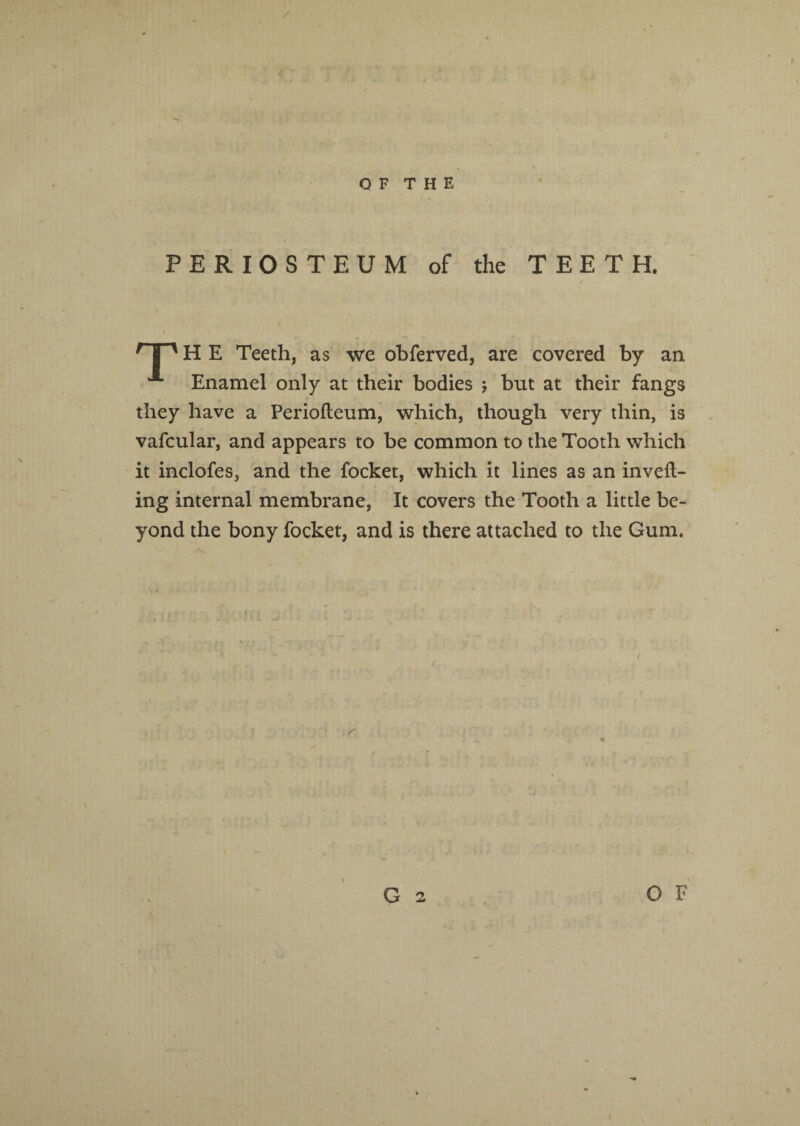 / O F T H E PERIOSTEUM of the TEETH. rTy H E Teeth, as we obferved, are covered by an A Enamel only at their bodies ; but at their fangs they have a Periofteum, which, though very thin, is vafcular, and appears to be common to the Tooth which it inclofes, and the focket, which it lines as an inveft- ing internal membrane, It covers the Tooth a little be¬ yond the bony focket, and is there attached to the Gum.