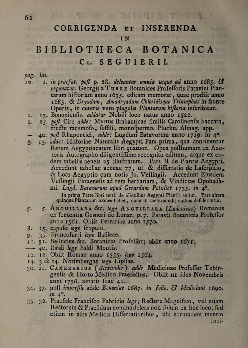 CORRIGENDA et INSERENDA I N BIBLIOTHECA BOTANICA C L. S E G U I E R I I. pag. lin, 10. i. in praefat. pofl p. 28. deleantur omnia usque ad anno 1685. reponatur. Georgii a Turre Botanices Profefloris Patavini Plan¬ tarum hiftoriam anno 1635. editam memorat, quae prodiit anno 1685. & Dryadum, Amadryadum Chloridisque Triumphus in fronte Operis, in ceteris vero plagulis Plantarum hiftoria infcribitur. 2. 13. Bononienfis. addatur Nobili loco natus anno 1522. 2. 25. pofl Cire adde: Myrtus Brabanticae fimilis Carolinenfis baccata, fru&u racemofo, feflfili, monofpermo. Pluckn. Almag. app. — 40. pofl Rhapontici, adde: Lugduni Batavorum anno 1719. in 40. 3. 13. adde: Hiftoriae Naturalis Aegypti Pars prima, qua continentur Rerum Aegyptiacarum libri quatuor. Opus pofthumum ex Auc¬ toris Autographo diligentiffime recognito editum, atque ex eo¬ dem tabellis aeneis 25 illuftratum. Pars II de Plantis Aegypti. Accedunt tabellae aeneae 77, ut & diflertatio de Laferpitio,, & Loto Aegyptio cum notis Jo. Veflingii. Accedunt Ejusdem Veflingii Paraenefis ad rem herbariam, & Vindiciae Opobalfa- mi. Lugd. Batavorum apud Gerar dum Potvliet 173 5. in 40. In prima Parte libri tertii de aliquibus Aegypti Plantis agitur. Pars altera quinque Plantarum icones habet, quae in caeteris editionibus defiderantur. 5. 5. Anguillara &c. lege Anguillara (Ludovicus) Romanus ex fententia Gesneri de Lunar. p. 7. Patavii Botanices Profeflor anno 1561. Obiit Ferrariae anno 1570. S. 15. capulo lege fcopulo. 9. 35. Francofurti lege Bafileae. 1 r. 31. Bellucius &c. Botanices Profeflor; obiit anno 1671. - 40. Baldi lege Baldi Montis. 12. 12. Obiit Romae anno 1555. lege 1564. 14. 3 & 14. Norimbergae lege Lipfiae. 30. 21. Camerarius (Alexander) adde Medicinae Profeflor Tubin- genfis & Horto Medico Praefe£lus. Obiit m Idus Novembris anni 1736. aetatis fuae 41. 34. 37. pofl: imprejfla adde Bononiae 1687* 'in folio. Mediolani 1690. in 40. 35. 36. Praefide Francifco Fabricio lege; Re&ore Magnifico, vel etiam Re£torum& Praelidum nomina deleas non folum ex hoc loco, fed etiam in aliis Medicis Diflertationibus, ubi ecrumdem mentio inci-