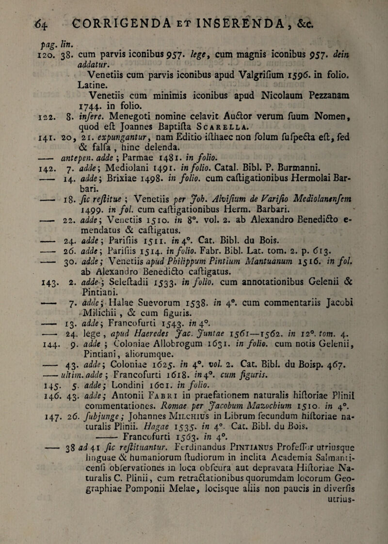 pag. lin. i2o. 38. cum parvis iconibus 957. lege, cum magnis iconibus 957. dein addatur. Venetiis cum parvis iconibus apud Valgrifium 1595. in folio. Latine. Venetiis cum minimis iconibus apud Nicolaum Pezzanam 1744. in folio. 122. 8. infere. Menegoti nomine celavit Audior verum fuum Nomen, quod eft Joannes Baptifta Scarella. i4r. 20, 21. expungantur, nam Editio ifthaecnon folum fufpedla eft, fed & falfa , hinc delenda. —• antepen. adde ; Parmae 1481. in folio. 142. 7. adde; Mediolani 1491. in folio. Catal. Bibi. P. Burmanni. - 14. adde; Brixiae 1498. in folio, cum cafligationibus Hermolai Bar¬ bari. - 18. fic reflitue ; Venetiis per Joh. Alvifium de Varifio Mediolanenfcm 1499. in fol. cum cafligationibus Herm. Barbari. - 22. adde; Venetiis 1510. in 8°. vol. 2. ab Alexandro Benedidlo e- mendatus & caftigatus. - 24. adde; Parifiis 1511. in 40. Cat. Bibi, du Bois. -- 2 6. adde; Parifiis 1514. in folio. Fabr. Bibi. Lat. tom. 2. p. 613. - 30. adde; Venetiis apud Philippum Pintium Mantuanum 1516. in fol. ab Alexandro Benedidlo caftigatus. 143. 2. adde ; Seleftadii 1533. in folio, cum annotationibus Gelenii & Pintiani. - 7. adde; Halae Suevorum 1538- in 4® cum commentariis Jacobi Milichii , & cum figuris. - 13. adde; Francofurti 1543. in 40. —- 24. lege, apud Haeredes Jac. Juntae 1561—1562. in i2°.tom. 4. 144. 9. adde; Coloniae Allobrogum 1631. in folio, cum notis Gelenii, Pintiani, aliorumque. - 43. adde; Coloniae 1625. in 4°. vol 2. Cat. Bibi, du Boisp. 467. -ultim.adde; Francofurti 1618. /«4°. cum figuris. 145. 5. adde; Londini 1601. in folio. 146. 43. adde; Antonii Fabri in praefationem naturalis hiftoriae Plinii commentationes. Romae per facobum Mazochium 1510. in 40. 147. 26. fubjunge; Johannes Milchius in Librum fecundum hiftoriae na¬ turalis Plinii. Hagae 1535. in 40. Cat. Bibi, du Bois. —— Francofurti 1563. in 40. - 38^41 fic refiitnantur. Ferdinandus Pintianus Profeflbr utriusque linguae & humaniorum ftudiorum in inclita Academia Saimami- cenfi obfervationes in loca obfcura aut depravata Hiftoriae Na¬ turalis C. Plinii, cum retradlationibus quorumdam locorum Geo¬ graphiae Pomponii Melae, locisque aliis non paucis in diverfis utrius-