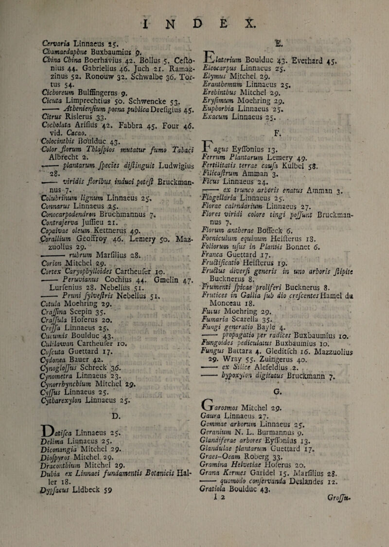 Cervaria Linnaeus 1$. Cbamaedapbne Buxbaumius p. Cbina Cbina Boerhavius 42. Bollus 5. Ceflo- nius 44. Gabrielius 46. Juch 21. Ramaz- zinus 52. Ronouw 32. Schwalbe 36. Tor¬ tus 54. Cichoreum Bulffingerns 9. Cicuta Limprechtius 50. Schwencke 53. •-- Atbenienfmm poena /wHzcaDrefigius 45. Citrus Rislerus 33. Cocbolata Arifitis 42. Fabbra 45. Four 46. vid. Cacao. Colocintbis Boulduc 43. Color florum Tblafpios mutatur fumo Tabaci Aibrecht 2. .- plantarum fpecies diflinguit Ludwigius ' 28. -- viridis floribus induci poteft Bruckman- nus 7. Colubrinum lignum Linnaeus 25, Connarus Linnaeus .25. Conocarpodendron Bruchmannus 7. Contrajerva Juflieu 21. Copaivae oleum. Kettnerus 49. Corallium Geoffroy 46. Lemery 50. Maz- zuolius 29. .-- rubrum Marfilius 28. Corion Mitchel 29. Cortex Caryopbylloides Cartheufer 10. .- Peruvianus Cochius 44. Gmelin 47. Lurfenius 28. Nebclius 51. - Pruni fylveflris Nebelius 51, Cotula Moehring 29. Craflina Scepin 35. Croffula Hoferus 20. Crejfa Linnaeus 25» Cummis Boulduc 43. Culilawan Cartheufer 10. Cufcuta Guettard 17. Cydonea Bauer 42. Cynoglojfus Scbreck 35. Cynometra Linnaeus 23. Cynorrhynchium Mitchel 29. Cyjfus Linnaeus 25. Cytbarexylon Linnaeus 25, D. Y)atifca Linnaeus 25. Delima Linnaeus 25. Diconangia Mitchel 29. Diofpyros Mitchel 29. Dracontbium Mitchel 29. Dubia ex Linnaei fundamentis Botanicis Hal- ler 18. Dypfacus Lidbeck 59 E. 'E/laterium Boulduc 43. Everhard 45, Eleocarpus Linnaeus 25. Elymus Mitchel 29. Eranthemum Linnaeus 25« Erebintbus Mitchel 29. Eryfimum Moehring 29. Euphorbia Linnaeus 25. Exacum Linnaeus 25. . F. Fagu? EyfTonius 13. Ferrum Plantarum Lemery 49. Fertilitatis terrae caufa Kulbel 58. Filicaflrum Amman 3. Ficus Linnaeus 24. -- ex trunco arboris enatus Amman 3. 'Flagslldria Linnaeus 25. Florae calendarium Linnaeus 27. Flores viridi colore tingi pojjunt Brucktnan- nus 7. Florum antberae Bofleck 6. Foeniculum equinum Heiflerus iS. Foliorum ufus in Plantis Bonnet 6. Franca Guettard 17. Fructificatio Heiflerus 19. Fructus diverfi generis in uno arboris flipits Buckner.us 8. Frumenti fpicae proliferi Bucknerus 8. Frutices in Gallia fub dio crefcentes fiamel da Monceau 18. Fums Moehring 29. Fumaria Scarella 35. Fungi generatio Bayle 4. • - propagatio per radices Buxbaumius 10. Fungoides pediculatus Buxbaumius 10. Fungus Battara 4. Gleditfch 16. Mazzuolius 29. Wray 55. Zuingerus 40. —— ex Silice Alefeldius 2. . - bypoxylon digitatus Bruckmann 7. * • 4 'r • * • - • G. (jrarosmos Mitchel 29. Gawa Linnaeus 27. Gemmae arborum Linnaeus 25. Geranium N. L. Burmannus 9. Glandiferae arbores Eyftbnius 13. Glandulae plantarum Guettard 17. Graes-Oeam Roberg 33. Gramina Helvetiae Hoferus 20. Grana Ksrmes Garidel 15. Marfilius 28» * -- quomodo confervanda Deslandes 12. Gratiola Boulduc 43.