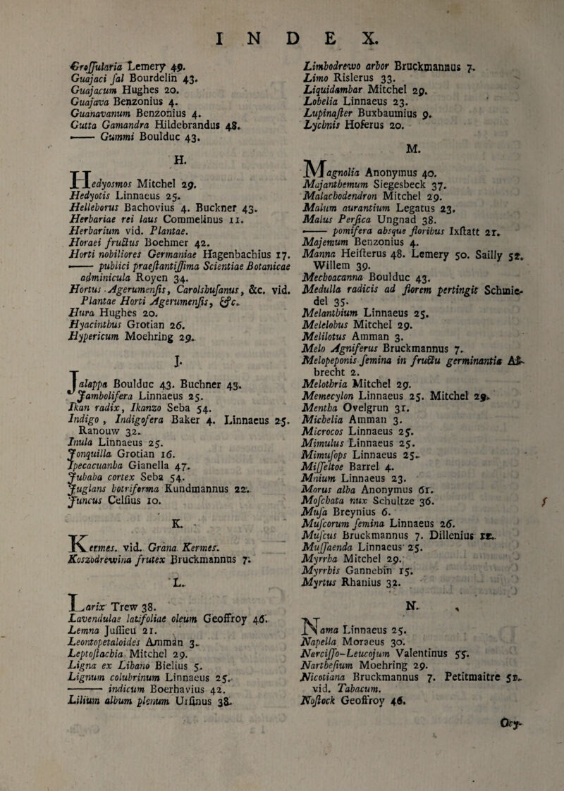 Groffularia Lemery 49. Guajaci fal Bourdelin 43, Guajacum Hughes 20. Guafava Benzonius 4. Guanavanum Benzonius 4. Gutta Gamandra Hildebrandus 48. ■ Gummi Boulduc 43. H. I~\_edyosmos MitcheI 29. Hedyotis Linnaeus 25. Helleborus Bachovius 4. Buckner 43. Herbariae rei laus Commelinus 11. Herbarium vid. Plantae. Horaei fruftus Boehmer 42. Horti ?iobiliores Germaniae Hagenbachius 17. • - publici praejiantijjima Scientiae Botanicae adminicula Royen 34. Hortus ■ Agerumenjis, Carolshufanus, &c. vid. Plantae Horti Agerumenfls, £?c. Hura Hughes 20. Hyacinthus Grotian 26. Hypericum Moehring 29. I- ialappa Boulduc 4,3. Buchner 43. ** Jambolifera Linnaeus 25. Ikan radix, Ikanzo Seba 54. Indigo , Indigofera Baker 4. Linnaeus 25. Ranouw 32.. Inula Linnaeus 25. Jonquilla Grotian 1 <5. ipecacuanba Gianella 47. jubaba cortex Seba 54. Juglans botriferma Kundmannus 22. Juncus Celfius 10. K. -• 'K^ermes. vid. Grana Kermes. Koszodrewina frutex Bruckmannus 7; 'U Lam: Trew 38. Lavendulas latifoliae oleum Geoffroy 4<J’. Lemna Juflieu 21. Leontopetaloides Amman 3., Leptojlacbia MitcheI 29. Ligna ex Libano Bielius 5. Lignum colubrinum Linnaeus 25. • -- indicum Boerhavius 42. Lilium album plenum Uifinus 38- Limbodrewo arbor Bruckmannus 7. Limo Rislerus 33. Liquidambar MitcheI 29. Lobelia Linnaeus 23. Lupinafter Buxbaumius 9. Lychnis Hoferus 20. M. JMfagnolia Anonymus 40. Majantbemum Siegesbeck 37. Malachodendron MitcheI 29. Malum aurantium Legatus 23, Malus Perfica Ungnad 38. -- pomifera absque floribus Ixftatt 2IV Majemum Benzonius 4. Manna Heifterus 48. Lemery 50. Sailly 52. Willem 39. Mecboacanna Boulduc 43. Medulla radicis ad florem pertingit Schinie- del 35. Melanthium Linnaeus 25. Melelobus MitcheI 29. Melilotus Amman 3. Melo Agniferus Bruckmannus 7. Melopeponis femina in fru&u germinantia AJr- brecht 2. Melotbria MitcheI 29. Memecylon Linnaeus 25. MitcheI 29» Mentha Ovelgrun 37. Michelia Amman 3. Microcos Linnaeus 2y. Mimulus Linnaeus 25. Mimufops Linnaeus 25.. MiJJeltoe Barrel 4. Mnium Linnaeus 23. Morus alba Anonymus 6r. Mofchata nux Schultze 36. Mufa Breynius 6. Mufcorum femina Linnaeus 26. Mufcus Bruckmannus 7. Dillenius rr,. MuJJaenda Linnaeus' 25. Myrrha MitcheI 29. Myrrhis Gannebin r5. Myrtus Rhanius 3.2. N. ^Tama Linnaeus 25. Napella Moraeus 30. Narciffo-Leucojum Valentinus 55; Nartbeflum Moehring 29. Hicotiana Bruckmannus 7. Petitmaitre vid. Tabacum. Noflock Geoffroy 46. Cky-