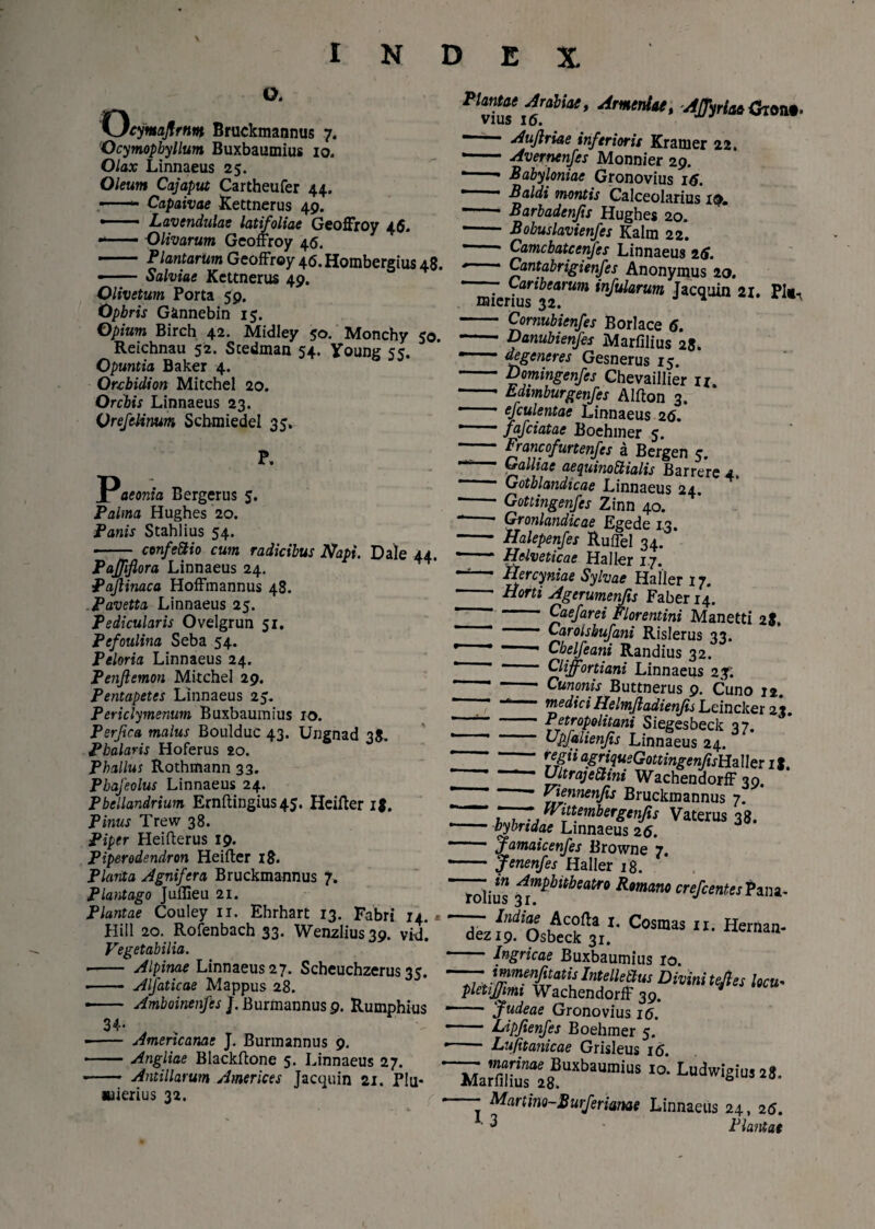 o. X^eymajlrnm Bruckmannus 7. Ocymopbyllum Buxbaumius 10. Olax Linnaeus 25. Oleum Cajaput Cartheufer 44. -- Capaivae Kettnerus 49. •. Lavendulae latifoliae GeofFroy 45. --Olivarum GeofFroy 46. ’ Plantarum GeofFroy 46. Hombergius 48. - — Salviae Kettnerus 49. Olivetum Porta 59. Opbris Ginnebin 15. Opium Birch 42. Midley 50. Monchy 50. Reichnau 52. Scedman 54. Young 55. Opuntia Baker 4. Orcbidion Mitchel 20. Orchis Linnaeus 23. Vrefelinum SchmiedeI 35. P. Paeonia Bergerus s* Palma Hughes 20. Panis Stahlius 54. -- cenfe&io cum radicibus Napi. Dale 44. Pajfiflora Linnaeus 24. Pajlinaca HofFmannus 48. Pavetta Linnaeus 25. Pedicularis Ovelgrun 51. Pefoulina Seba 54. Peloria Linnaeus 24. Penjlemon Mitchel 29. Pentapetes Linnaeus 25. Periclymenum Buxbaumius 10. Perfca malus Boulduc 43. Ungnad 38. Phalaris Hoferus 20. Phallus Rothmann 33. Pbafeolus Linnaeus 24. Pbellandrium Ernftingius4J. Hcifter 1$. Pinus Trew 38. Piper Heifterus 19. Piperodendron Heifler 18. Planta Agnifera Bruckmannus 7. Plantago Juflieu 21. Plantae Couley 11. Ehrhart 13. Fabri 14.* Hili 20. Rofenbach 33. Wenzlius39. vid. Vegetabilia. •- Alpinae Linnaeus 27. Scheuchzerus 35. ■ i-- Aljaticae Mappus 28. Amboinenfes J. Burmannus 9. Rumphius ■ 34* Americanae J. Burmannus 9. Angliae Blackftone 5. Linnaeus 27. Antillarum Americes Jacquin 21. Plu- «uenus 32. Plantae Arabiae, Armeniae, AfTyriae Oron*. vius 16. Aujlriae inferioris Kranier 22. Averncnfes Monnier 29. Babyloniae Gronovius 16. Baldi montis Calceolarius i&. Barbadenjis Hughes 20. Bobuslavienfes Kalm 22*. Camcbatcenfes Linnaeus 26. Cantabrigienfes Anonymus 20. . Garibearum infularum Jacquin 21. PIm- raierius 32. * ^ - Cornubienfes Borlace 6. - Danubienfes Marfilius 28. — degeneres Gesnerus 15. -Dmingenfes Chevaillier u. -- Edmburgenfes Alfton 3. efculentae Linnaeus 26. ~ fafciatac Boehmer 5. Prancofurtenfes a Bergen 5. Galliae aequinoctialis Barrere 4. * Gotblandicae Linnaeus 24. ’ Gottingenfes Zinn 40. ^ Gronlandicae Egede 13. - Halepenfes RufFel 34. ' Helveticae Ha lier 17. —— Hercyniae Sylvae HaHeri7. Horti Agerumenjis Faber 14. 1 Caefarei Florentini Manetti 28. Garolshufani Rislerus 33. r Ghelfeani Randius 32. ~  Cliffortiani Linnaeus 23'. * —1 Cunonis Buttnerus 9. Cuno 12. ' ' medici Helmjladienfis Leincker 2?. ’ —— Petropolitanii Siegesbeck 37. ' Upfalienjis Linnaeus 24. t rf ** a&riqusGottingenJisHaUer 1 J, ' '— Ultrajeaini WachendorfF 39. _“  Piffnenjis Bruckmannus 7. _ , , ., wittembergcnfis Vaterus 38. -hybridae Linnaeus 26. - Jamaicenfes Browne 7. -Jenenfes Haller 18. — ™ AmPt>Meatro Romano crefcentesPana- Tffofcff'Cosraas “•Hernan- Ingricae Buxbaumius 10. — immenfitatis IntelleEtus Divini teli es locu* pletijfmi WachendorfF 39. * • Judeae Gronovius 16. -Lipfienfes Boehmer 5. - Lufitanicae Grisleus 16 Marfc18B“baUniillS Ia Ludw,'eiuJ 2*- - Martim-Burjerianae Linnaeus 24, 26. ■ ^ Plantat