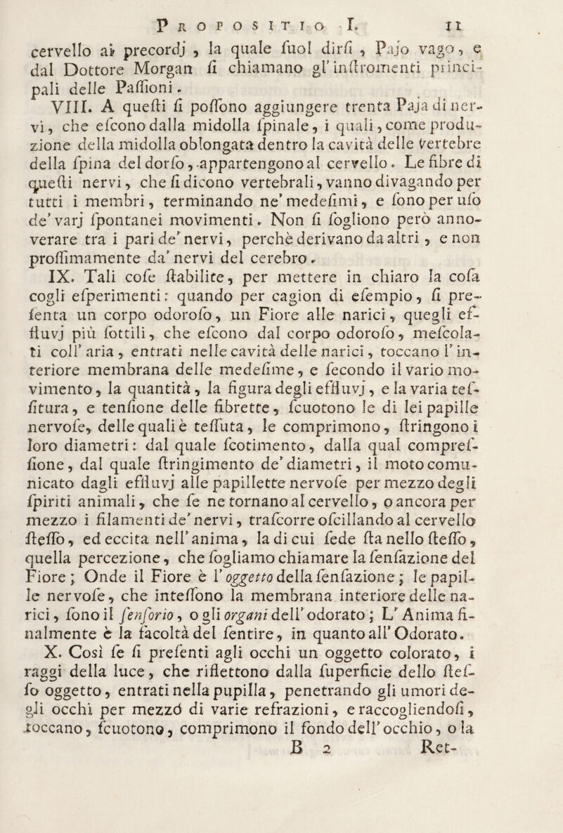 cervello ai precordi , la quale fuol dir fi , Pajo vago, e dal Dottore Morgan il chiamano gl' in fi romeo ti princi¬ pali delle Paffioni e Vili. A quelli fi polfono aggiungere trenta Paja di ner¬ vi, che efcono dalla midolla fpinale, i quali, come produ¬ zione della midolla oblongata dentro la cavità delle Vertebre della fpina del dorfo,-appartengono al cervello» Le fibre di. <que(li nervi, che fi dicono vertebrali, vanno divagando per tutti i membri, terminando ne* medefimi, e fono per ufo de'varj fpontanei movimenti» Non fi lògliono però anno¬ verare tra i pari de'nervi, perchè derivano da altri 5 e non prolììmamente da' nervi dei cerebro » IX. Tali cofe llabilite, per mettere in chiaro la cola cogli efperimentir quando per cagion di efempio, fi pre- lenta un corpo odorofo, un Fiore alle narici , quegli ef¬ fluvi più fiottili, che efcono dal corpo odorofo, mefcola- ti colf aria , entrati nelle cavità delle narici, toccano fin- tenore membrana delle medefime, e fecondo il vario mo¬ vimento, la quantità, la figura degli effluvi, e la varia te fi- fi tura, e tendone delle librette, fcuotono le di lei papille nervofe, delle quali è te (Tuta, le comprimono, llringonoi loro diametri: dal quale ficotimento, dalla qual compref- fione, dal quale flringimento de'diametri, ii moto comu¬ nicato dagli effluvi alle papillette nervofe per mezzo degli fpiriti animali, che fe ne tornano al cervello, p ancora per mezzo i filamenti de'nervi, trafcorreofcillandoal cervello fteffo, ed eccita nell'anima, la di cui fede (lanello Hello, quella percezione, che fogliamo chiamare la fenfazione del Fiore;, Onde il Fiore è f oggetto della fenfazione ; le papil¬ le nervofe, che intelfono la membrana interiore delle na¬ rici , fono il feuforia, o gli organi dell' odorato ; U Anima fi¬ nalmente è la facoltà del fentìre, in quantoalf Odorato» X. Cosi fe fi predenti agli occhi un oggetto colorato, i raggi della luce, che riflettono dalla fuperficie dello ft e fi¬ fa oggetto, entrati nella pupilla, penetrando gli umori de¬ gli occhi per mezzd di varie refrazioni, e raccogliendoli, toccano, fcuotono, comprimono il fondo dell' occhio, ola B 2 Ret-