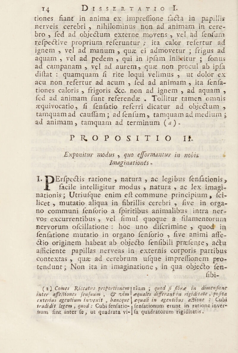 tiones fiant' in anima ex imprefiione fadta in papillis nerveis. cerebri , nihilominus non ad animam in cere¬ bro 5 feci ad objedèum externe movens 5 vel ad feniani refpedtive proprium referuntur ; ita calor refertur ad ignem 5 vel ad manum y qux ei admovetur ; frigus ad aquam , vel ad pedem , qui in ipfam inikitur ; fonus ad campanam 5 vel ad aurem y qua: non procul ab ipfa di fiat : quamquam fi rite loqui velimus , ut dolor ex acu non refertur ad acum , fed ad animam , ita fenfa- tiones caloris y frigoris &cc* non ad ignem y ad aquam y fed ad animam flint referendas . Tollitur tamen omnis ^equivocano, fi fenfatio referri dicatur ad objectum y tamquam ad cauffam ; adfenfum * tamquam ad medium i ad animam 3 tamquam ad terminum (a), P R* O POSITI O I !. Exgonitm modus , quo efformantur in nobis; Imaginationes.* L OErfpediis ratione 5 natura y ac legibus fenfationis JL facile intelligitur modus ? natura y ac lex imagi¬ nationis ; Utriufque enirn eli commune principium, fci- licet y mutatio aliqua in fibrillis cerebri y fivc in orga¬ no communi fenforio a fpiritibus animalibus intra ner¬ vos excurrentibus 5 vel fimui quoque a filamentorum nervorum ofcillatione : hoc uno difcrimine y quod in fenfatione mutatio in organo fenforio 5 five animi affé- dtio originem habeat ab objedto fenfibili prsdente5 addìi afficiente papillas nerveas in externis corporis partibus contextas y qua: ad cerebrum ufque impreffionem pro¬ tendunt; Non ita in imaginatione y in qua objecto fen- fibi- (a) Comes piceatus proportionem i ritun ; quod fi fibre? in dimenficn? inter ajfediones fenfuum , & vim * aquales, differant in rigiditate , pofita exterius agentium invexit ,, hanc que ^ecquali in agentibus acfione : Cubi tradidit legem , quod : Cubi fenfatio- i feniationum erunt in ratione inver¬ minì fmt inter fe-, ut quadrata vi-{fa quadratorum rigiditatis*