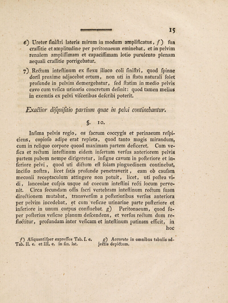 6) Ureter finiftri lateris mirum in modum amplificatus, / ) fua craffitie etamplitudine per peritonaeum eminebat, et in pelvim renalem ampliffimam et capaciffimam lotio purulento plenam aequali craffitie porrigebatur* 7) Reftum inteftinum ex flexu iliaco coli finiftri, quod fpinae dorfi proxime adjacebat ortum, non uti in flatu naturali folet profunde in pelvim demergebatur, fed flatim in medio pelvis cavo cum vefica urinaria concretum definit: quod tamen melius in exemtis ex pelvi vifceribus defcribi poterit* / . - ■ Exa&ior difquifitio partium quae in pelvi continebantur. §« io* . Infima pelvis regio, os facrum coccygis et perinaeum refpi- ciens, copiofo adipe erat repleta, quod tanto magis mirandum, cum in reliquo corpore quoad maximam partem deficeret. Cum ve¬ fica et rectum inteftinum eidem infertum verfus anteriorem pelvis partem pubem nempe dirigeretur, infigne cavum in pofteriore et in¬ feriore pelvi , quod uti diftum eft folam pinguedinem continebat, incifio noftra, licet fatis profunde penetraverit, eam ob caufam meconii receptaculum attingere non potuit, licet, uti poftea vi¬ di , lanceolae cufpis usque ad coecum inteftini refti locum perve¬ nit Circa fecundam offis facri vertebram inteftinum reftum fuam direftionem mutabat, transverfim a pofterioribus verfus anteriora per pelvim incedebat, et cum veficae urinariae parte pofteriore et inferiore in unum corpus confluebat g) Peritonaeum, quod fu- per pofterius veficae planum defcendens, et verfus reclum dum re¬ flectitur , profundam inter veficam et inteftinum patinam efficit, in hoc - ,' w v • /) AHquantlfper expretius Tab. f. e, g) Accurate in omnibus tabulis acU Tab. II. e. et III, e. in lin. lat. je£tis depiflum. 1