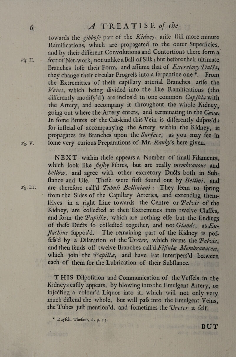 towards the gibbofe part of the Kidney, arife dill more minute Ramifications, which are propagated to the outer Superficies, and by their different Convolutions and Contortions there form a Fig. ir. fort of Net-work, not unlike a Bali of Silk; but before their ultimate Branches lofe their Form, and affume that of ExcretoryUublsy they change their circular Progrefs into a Terpentine one *. From the Extremities of thefe capillary arterial Branches arife the Veins, which being divided into the like Ramifications (tho differently modify’d) are inclos’d in one common Capftla with the Artery, and accompany it throughout the whole Kidney, going out where the Artery enters, and terminating in the Cava. In Tome Brutes of the Cat-kind this Vein is differently difpos’d : for inflead of accompanying the Artery within the Kidney, it propagates its Branches upon the Surface, as you may fee in Fig. v. lome very curious Preparations of Mr. Ranby’s here given. NEXT within thefe appears a Number of fmall Filaments, which look like flejhy Fibres, but are really membranotis and hollow, and agree with other excretory Ducfts both in Sub- ftance and Ufe. Thefe were firft found out by Bellini, and Fig. in. are therefore call’d Tubuli Belliniani : They feem to fpring from the Sides of the Capillary Arteries, and extending them- felves in a right Line towards the Centre or Belvis of the Kidney, are colle&ed at their Extremities into twelve Claffes, and form the Bapilla, which are nothing elfe but the Endings of thefe Ducfts fo colle&ed together, and not Glands, as Eu- fachius fuppos’d. The remaining part of the Kidney is pof- fefs’d by a Dilatation of the Uretert which forms the Belvis, and then fends off twelve Branches call’d Fiftula Membranacea, which join the BapilU, and have Fat interfpers’d between each of them for the Lubrication of their Subftance. THIS Difpofition and Communication of theVeffels in the Kidneys eafily appears, by blowing into the Emulgent Artery, or injecting a colourM Liquor into it, which will not only very much diftend the whole, but will pafs into the Emulgent Veins, the Tubes juft mention’d, and fometimes the Ureter it felf. * Ruyfch. Thefaur. 6. p. 13. BUT