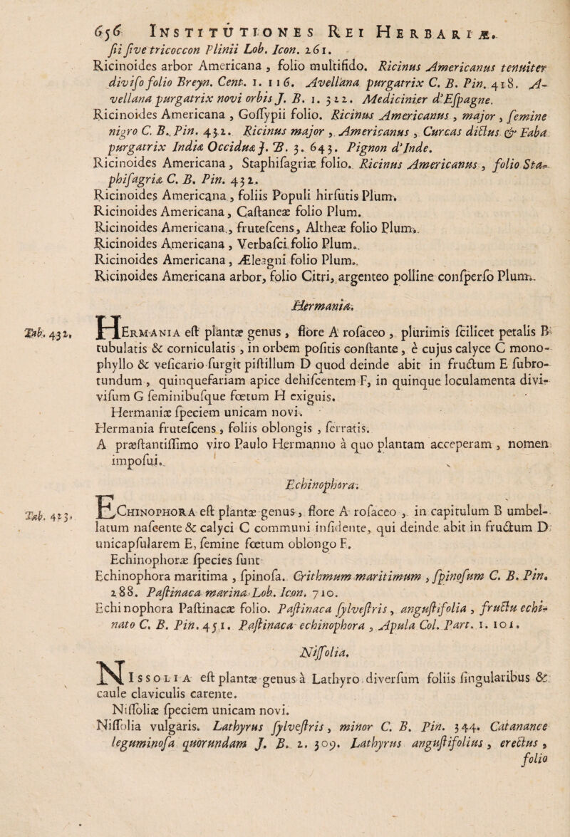 6j<5 Institutiones Rei Herbarii, fii five tricoccon Plinii Lob. Icon. 161, Ricinoides arbor Americana , folio multifido. Ricinus Americanus tenuit et divifo folio Breyn. Cent. 1. 11 6. AvelPana purgatrix C. B. Pin. 418, A- vellana purgatrix novi orbis J. B. 1. 512. Medicinier d}EJpagne. Ricinoides Americana , Goflypii folio. Ricimts Americanus ^ major , [emine nigro C. B^Pin. 43,1. Ricinus major ,. Americanus , Curcas diftus & Faba purgatrix India Occidua J. B. 3. 643. Pignon d’Inde. Ricinoides Americana, Staphifagriae folio. Ricinus Americanus, folio Sta- phifagria C. B. Pin. 431. Ricinoides Americana, foliis Populi hir futis Pium. Ricinoides Americana, Gaftaneae folio Pium. Ricinoides Americana,, frutefcens, Altheae folio Pium*. Ricinoides Americana , Verbafcifolio Pium». Ricinoides Americana, ^Eleagni folio Pium*. Ricinoides Americana arbor, folio Citri, argenteo polline confperfo Pium». Fal? 1 4 ^ 3a V Pier mania* J XhRMANIA eft plantae genus, flore A rofaceo , plurimis fcilicet petalis R tubulatis & corniculatis , in orbem pofitis conflante, e cujus calyce G mono- phyllo &c veficario furgit piftillum D quod deinde abit in frudum E fubro- tundum , quinquefariam apice dehifcentem F, in quinque loculamenta divi- vifum G feminibufque foetum H exiguis. Hermanite fpeciem unicam novi. Hermania frutefcens, foliis oblongis , ferratis. A praeftandflimo viro Paulo Hermanno a quo plantam acceperam , nomen; impofui». Echinophora. m JE^Chinophora eft plantae genus, flore A rofaceo , in capitulum B umbel- latum nafeente 8c calyci C communi infidente, qui deinde abit in frudum D unicapfularem E, femine fcetum oblongo F. Echinophoras Ipecies funt Echinophora maritima , fpinofa. Grithmum maritimum }fpinofum C, B* Pin» 288. Paftinaca marina - Lob. Icon. 710. Echinophora Paftinacae folio. Paftinaca [ylveftris, anguftifolia , fruBu echi¬ nato C. B. Pin. 451. Paftinaca'echinophora , Apula Coi. Part.i* ion Nijfolia. Ni.. oli a eft plantae genus a Lathyro diverfum foliis Angularibus & caule claviculis carente. Nifloliae fpeciem unicam novi. Ni flo 1 ia vulgaris. Lathyrus [ylveftris, minor C. B. Pin. 3 44. Catanance