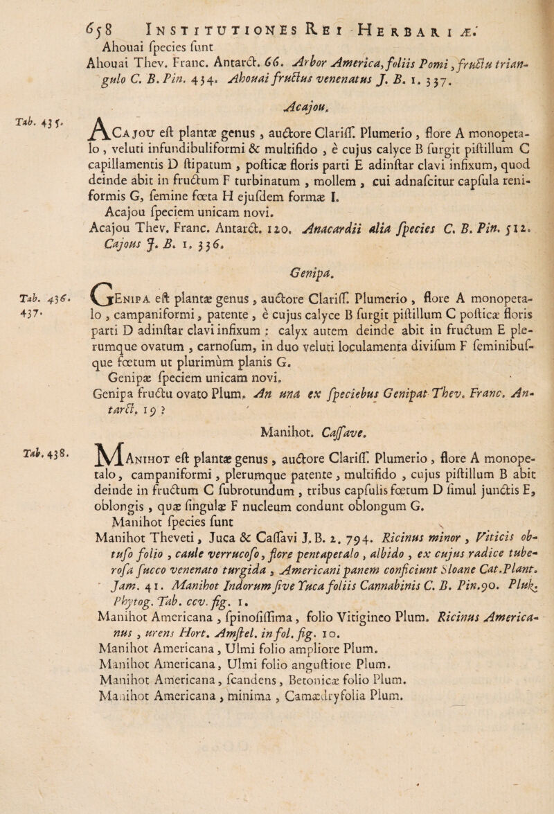 Tftb. 43 T&b, ^.3 ^* 437» Tab. 43 8. <> j 8 Institutiones Rei Herbari &: Ahouai fpccies fune Ahouai Thev. Franc. Antard. 66. Arbor America, foliis Pomi ,fruBu trian~ gulo C. B. Pin. 434» Ahouai fruBus venenatus J. B. 1,337. Acajou„ J^Qajou eft planta genus , audore ClariflT. Plumerio, flore A monopeta- lo , veluti infundibuliformi & multifido , e cujus calyce B furgit piftillum C capillamentis D ftipatum , pofticae floris parti E adinftar clavi infixum, quod deinde abit in frudum F turbinatum , mollem , cui adnafeitur capfula reni¬ formis G, femine foeta H ejufdem formas I. Acajou fpeciem unicam novi. Acajou Thev. Franc. Antard. uo, Anacardii dia fpecies C. B, Pin. 512. Cajous J. B. 1. 33 6, Genipa. (jjEnipa eft plantae genus , audore ClarilT. Plumerio , flore A monopeta- io , campaniformi, patente , e cujus calyce B furgit piftillum C pofticae floris parti D adinftar clavi infixum : calyx aurem deinde abit in frudum E ple¬ rumque ovatum , carnofum, in duo veluti loculamenta divifum F feminibuf- que foetum ut plurimum planis G. Genipa: fpeciem unicam novi, Genipa frudu ovato Pium. An una ex fpeciebus Genipat Thev, Franc, An- tarfff 19 ? Manihot. Cajfave, J^/Janihot eft piant® genus, audore ClariiT. Plumerio , flore A monope- talo, campaniformi, plerumque patente , multifido , cujus piftillum B abit deinde in frudum C fubrotundum , tribus capfulis foetum D limul jundis E, oblongis , quae lingulae F nucleum condunt oblongum G. Manihot fpecies funt Manihot Theveti, Juca & Caflavi J. B. z. 794. Ricinus minor , Viticis ob- tu fio folio , caule verrucofo, flore pentapetalo , albido , ex cujus radice tube- rofa fucco venenato turgida , Americani panem conficiunt Sloane Cat,Flant. Jam. 41. Manihot Indorum five Tuca foliis Cannabinis C. B. Pin.yo. Plu\ Phytog. Tab. ccv. fig. 1 • Manihot Americana , fpinofiffima, folio Vitigineo Pium. Ricinus America- nus , urens Hort. Amflel. infol.fig. 10. Manihot Americana , Ulmi folio ampliore Pium. Manihot Americana, Ulmi folio anguftiore Pium. Manihot Americana, fcandens, Betonica: folio Pium. Manihot Americana , minima , Camxdryfolia Pium.