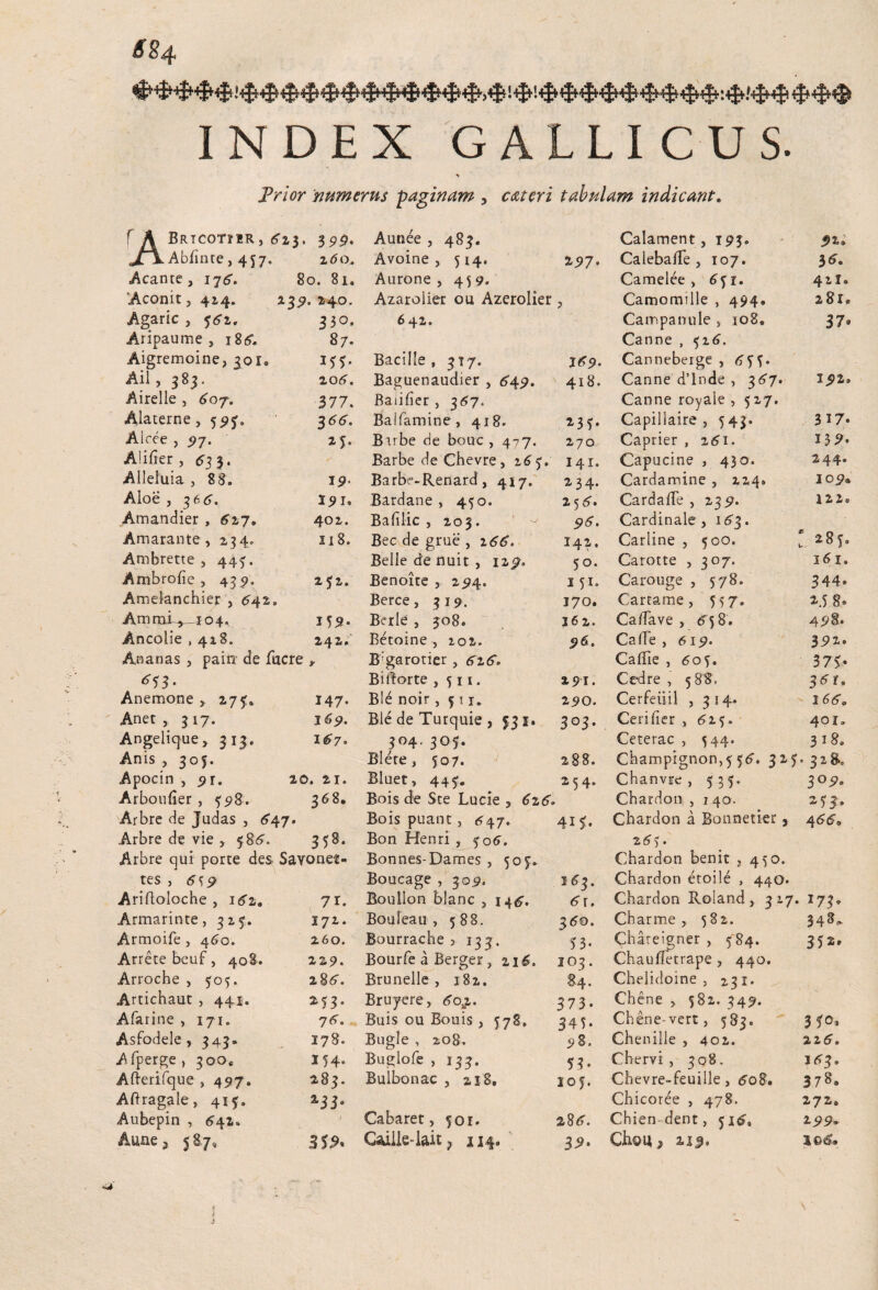 INDEX GALLICUS. •i Frior 'numerus -paginam , cateri tabulam indicant. f A Brtcotiir, ^2,3, Abfinte, 457. 3 99' Aunee , 483. Calament, 193. 92. 260. Avoine, 314. 297. Calebade , 107. 56. Aeante , ijg. 80. 81. Aurone , 439. Camelee , 651. 421. Aconit, 414. 239 . 240. Azarolier ou Azerolier > Camomille , 494. 281« Agaric , 562« 3 30. 6 42. Campanule 5 108. 37® Aripaume , 186. Aigremoine, 301=, 87. 133. Bacille, 3T7. 169. Canne , 326. Canneberge , 433. Aii, 383. 206. Baguenaudier , <34.9. 418. Canne d’lnde , 367. 192. Airelle , 607. Alaterne, 593, 377. 166. Baiifier , 367. Baifamine, 418. 233. Canne royale , 5 27. Capillaire , 343. 317. Aicee , 57. 25. Brrbe de bouc , 477. 270 Caprier , 261. 13 9' Aiifier , 63 3. Barbe de Cbevre , 263. 141. Capucine , 430. 244. Alleluia , 88. 19' Barbe-Renard, 417. 234. Cardamine , 224« 109. Aloe , 36^. X91, Bardane , 430. 25 6. Cardade , 239. 122» Amandier , 627. 402. Bafilic , 203. 96. Cardinale, 16$. Amarante , 234. 118. Bec de grue , 166. I42. Carline , 500. : *8f. Ambrette , 443. Belle de nuit, iap. 30. Carotte , 307. 161. Ambrode , 439. 232. Benoite , 294. 151» Carouge , 578. 3 44. Ameianchier , 542. Berce, 319. 170. Cartame , 337. 2.5 8* AmmLv_io4. M9- Berle , 308. 162. Cadave , £58. 498* Ancolie , 418. 242. Betoine , 202. 96. Cade , 619. 392. Ananas , paia de fuere »■ B;garotier , 626. Cadie , 603. 37v Bidorte , 3 11. 291. Cedre , 588. 36U Anemone , 273* 147- Ble noir, 3 11. 290. Cerfeiiil , 314. X 660 Anet , 317. 169. Ble de Turquie , 531. 3°3- Cerifier , 613. 401. Angelique, 313. 167. 304. 303. Ceterae , 344. 318. Anis , 303. Blere, 307. 288. Cbampignon,3 3<?. 323 •328*0 Apocin , 91. 20. 2i. Bluet, 443. 254. Chanvre , 535. 3°9. Arboufier , <>98. 368. Bois de Ste Lucie , 626. Chardon , 1 40. 233. Arbre de Judas , 6^7. Bois puant, <^47. 41?. Chardon a Bonnetier, 4669 Arbre de vie , 58<5. 358. Arbre qui porte des Savonet- tes , 6S9 Ariftoloche , 162. 71. Bon Henri , 306. Bonnes-Dames , 303. Boucage , 309. Boullon blanc , 1^6. 363. 6\. 26). Chardon benit , 450, Chardon etoile , 440. Chardon Roland , 3 17. 173. Armarinte, 323. 171. Bouleau , 588. 3<?o. Charme , 382. 343. Armoife , 460. 260. Bourrache ? 133. 53- Chareigner , 584. 352» Arretebeuf, 408. 22 9. Bourfe a Berger, 216. 103. Chaudetrape , 440. Arroche , 303. 28 6. Brunelle , 182. 84. Chelidoine , 231. Artichaut , 44.1. 253' Bruyere, 607,. 373. Chene , 382. 349. Afarine , 171. 76. Buis ou Bouis , 378, 343. Chene-vert, 583. 330, Asfodele , 343, 178. Bugle , 208. 98. Chenille , 402. 226. Afperge, 300« 134. Buglofe , 133. 53. Chervi , 308. I63. Afterifque , 497. 283. Bulbonac , 218, 103. Chevre-feuille, 608. 378. Adragale, 413. Aubepin , 642» 233. Cabaret, 301. 286. Chicoree , 478. Chien-dent, 316, 272. 299, Aune ? 587, Gsulle-lait ? 114. 39> Chou^ 219. 1Q&*