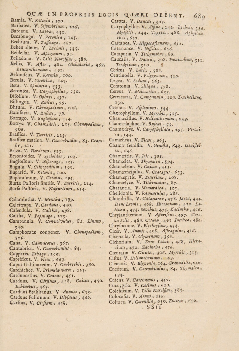 Bamia. V. Ketmis,i , ioo. Barbarea, y. Sifymbrium , zz6. Bardana. V. Lapp&-y 4^0. Becabunga' V.Veronic*> 141, Beohium. Y. Tujfilsgo, 487. Behcn album. V. Lychnis 2335« Beidellar. V. Apocynum , 51. Belladona. V. L*7m Narcijfus , 38^. Beilis. V. , 481. Globularia, 4^7, Lsucanthemum 3 4 <>2. Belmufcus. V. Ketmia , 100. Berula, V. Vdronica, 145:. Beta. V. Spinacia , 733. Betonica. V. Caryophyllus, 330. Bifolium. V. Ophrys, 437. Biflingua. V. Rufius, 7$. Blitum. V. Ckenopodium , Bonifacia. V. Rufius, 7$. Borrago. V. Buglojfum, 134. Botrys. Y.Cham&dris, 20y. Chenopodwm , BraiHca. V. Turritis >2,2.3. Braflica marina, V, Convolvulus, §3. Cram- be , au. 1 Briza. V. Hordeum, 313. Bryonioides. V. Sycioides , 103. Bugloflum. V.Afperugo, 135’. Bugula. Y. Clinopodium , 1515. Bupariti. Y, Ketmia, 100. Buphtalmum, V. Cotula, 4^3. Burfe Paftoris fimilis. V. Turritis, 224* Burfa Paftoris. y. Nafiurtium ,214. Calamintha. V. Mentha > ig^. Calcitrapa. V. Carduus > 440. Calendula. V. Caltha, 498. Caltha, V. PopuUgo , 173. Campanula. V. Convolvulus, Sa. Linum , 3 4®* Camphoratas congener. V. Chenopodium, yo£. Cana, V. Cahnacorus, 3^7. Cantabrica. V. Convolvulus, 84. Capparis. Fabago , 13^. Caprificus. V. Fici**, ^6'3» Caput Gallinaceum. V. Onobrychis > 350. Carchichec. V. Primula veris, 12 3. Carduncellus. V. Cnicus, 431. Carduus. V. Cirfium, 448. C/22£#*>4yo. Echinopus ,4^3. Carduus Brafilianus. V. Anams, C53. Carduus Fullonum. V, Dipfitcus, 4£5. C-arlina» V» Cirfium, 448. CIS q/j^eri debent. 6gp. Carota. V, Dmcus ,307. Caryophyllus. V. , 242. Lychnis, 334. Myofitis } %44, Tagetes > 488. Aphyllcm- thes ,6^7. Caftanea. V. Hippocafianum , 6 n. Catanance. V. Nijfolia , £5 er. Cataputia. V. Tithymulus , 8<5\. Caucalis. V. Daucus, 308. Foeniculum, 311. Tordylium , qio. 4 Cedrus. V. Larix , 5; 2c7. Centinodia. V, Polygonum , fio. Cepea. V. Sedum , 263, Ceratonia. V. Siliqua ,578. Cereus. V. Mslocaffus, 633. Cervicaria. V. Campanula ,109. Tracheitum± 130. Ceterae. V. Afplenium , 544. Chairophyllum. V. Myrrhis >315'. Chamarciftus, V. Hdianthemum > 243?. Chamaedaphne. V. Rufius , 79. Chamasdrys. V. Caryophyllata , 295'. Veroni- C £% y I 0 Camaefieus. V. , 6^3. Charaae Genifta. V. Gentfia , 643. GeniJleU la > ^4^. Chamsciris. V. Iri* , 36T. Chamaelea. V. Thym&iea , 594, Chamaeleon. V. Cnicus , 451. Chamaemefpilus. V. Crat&gus, 633. Chamaepytis. V. Teucrium , 208. Chamaetyce. V. Tithy malus , 87. Charantia. V. Memordka , 103. Chelidonia. V. Ranunculus > 285. Chondrilla. V. Catanance , 478. Jacea, 444. JD^ Leonis , 4<5'8. Hieracium > 470. Z4~ , 473. Sonchus, 475« Zacintha , 47(7. Chryfanthemum. Y. Afterifius, 497. Cow- ^ >489. Cotula y 42y. Jacob&a, 48^. Chryfocome. V. Elychryfum, 4*3. Cicer. ¥.^»0222^,408. AJlragalus, q\6. Cicercula. V. Clymenum , 3.96'. Cichorium. Y. Dew; , 4^8. cium , 470. Zactntha , 475'. Cicutaria. V. , 30«?. Myrrhis, 315’. Ciftus. Y. Helianthemum , r.49. Clematis. Y. Bignonia, 164, Granadilla, 240. Cneorum, V. Convolvulus, 84. Thym&iea, Cnicus. V, Carthamus, 437. Coccygria. V, Cotinus , 610. Colchicum. Y, Lilio-Narcijfus, 383. Colocafia. V. , l?5>. Colutea. Y, Coronilla, ^50. merus, .SSff