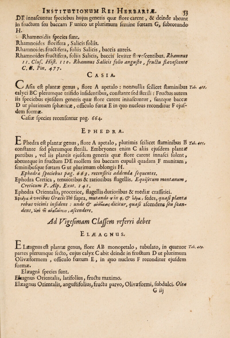 Ihstituttonum Rei HfiKii-AfttJE. ^ DE innafcuntur fpeciebus hujus generis qua? flore carent, & deinde abeunt in frudum feu baecam F unico ut plurimum femine foetam G, fubrotund® H. - Rhamnoidis fpecies fant, Rhamnoides florifera , Salicis foliis. Rhamnoides frudi fera, foliis Salicis baccis aureis. Rhamnoides frudi fera, foliis Salicis, baccis leviter fliVefcentibus. Rhamnus ii.Cluf Hift. 110% Rhamnus Salicis folio angufio, frutlu fiavefcentt C. E. Pin, 4.77» Casia, C Afia eA planta? genus , flore A apetalo : nonnullis fcilicet flaminibus T*b. 4tf* calyci BC plerumque trifido infidentibus, conflante fcd flerili: Frudus autem iis fpeciebus ejufdem generis quae flore carent innafcuntur, funtqtie baccae D ur plurimum fpha?ricae, ofliculo foeta? E in quo nucleus reconditur F ejuf¬ dem formas. Cafia? fpecies recenfentur pag. 664. . E P H E D R A. E Phedra efl plantas genus, flore A apetalo , plurimis fcilicet flaminibus B Tab,4ff* conflante fed plerumque flerili. Embryones enim C aliis ejufdem pianta£ partibus , vel iis plantis ejufdem generis qua? flore carent innafci (olent, abeuntque in frudum DE mollem feu baccam cupula quadam F munitam, feminibufque foetam G ut plurimum oblongis H. Ephedra fpeciebus pag. 663% recenfitis addenda fequentes. Ephedra Cretica, tenuioribus & rarioribus flagellis. E qui fetum montanum , Creticum P.^lp, Exot. 141. Ephedra Orientalis, procerior, flagellis durioribus & mediae craffitiei. d vocibus Gracis ’£hi fupra, mutando it in <p, & itya,, fedes, quafi piant d rebus vicinis infidens : unde & woi&aeig dicitur> quafi afcendens feu fcan* denss '&ro W olvqlCcuvuv, afcendere» EliEAGNUS, Elseagnuseft plantas genus, flore AB monopetalo, tubulato, in quatuor Tab.4t* partes plerumque fedo, cujus calyx C abit deinde in frudum D ut plurimum Olivaeformem , ofliculo foetum E, in quo nucleus F reconditur ejufdem formas, Ela?agni fpecies funt. Ekagnus Orientalis, latifolius, frudu maximo. Elaeagnus Orientalis, anguftifolius, frudu parvo^ Olivseformi, fabdulci. Oles