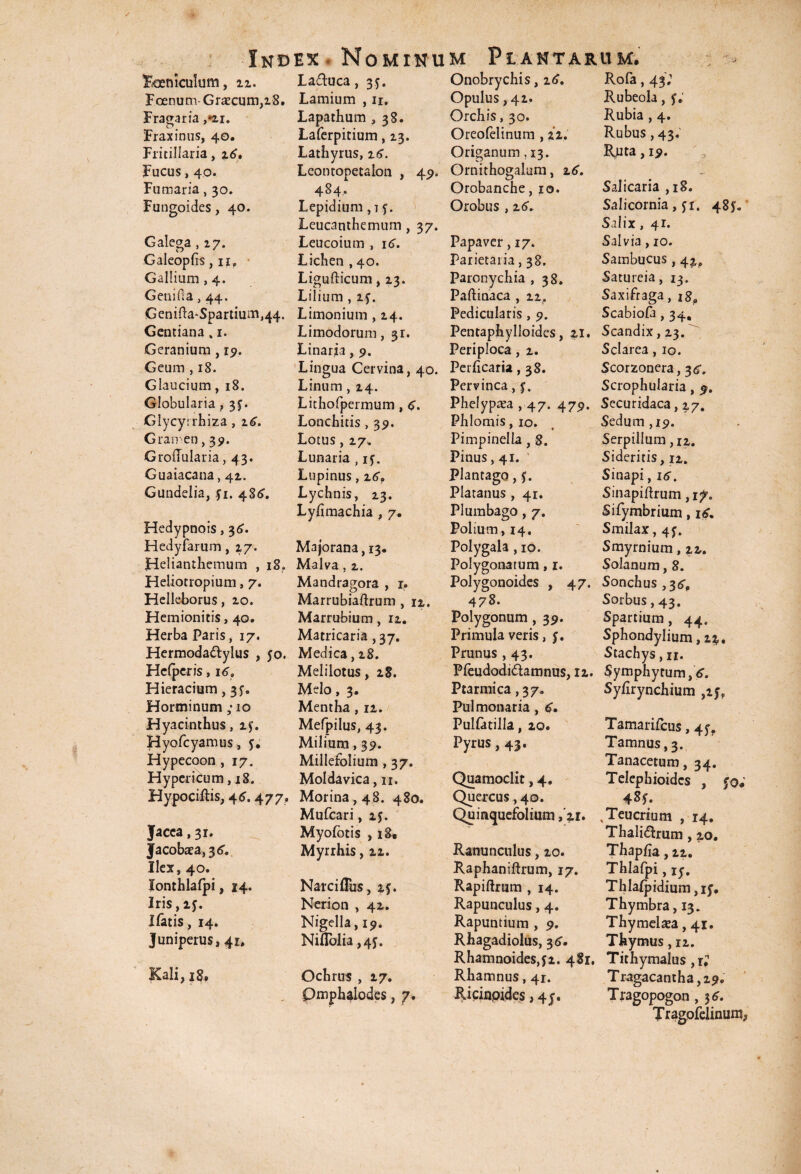 feniculum, ii. Laftuca ,35. Onobrychis, 16. Rofa, 43; fenum- Graecum, 18. Lamium , u. Opulus ,42. Rubeola, y.' Fratria ,«u. Lapathum , 38. Orchis, 30. Rubia , 4. Fraxinus, 40. Laferpitium, 23. Oreofelinum , 22. Rubus, 43. Fritillaria, 16, Lathyrus, 26. Origanum, 13. Ruta ,19. Fucus, 40. Leontopetalon , 49. Ornithogalum, 26. - Fumaria, 30. 484» Orobanche ,10. Salicaria ,18. Fungoides, 40. Lepidium , iy. Leucanthemum, 37. Orobus , 16. Salicornia, yi. 485. Salix , 41. Galega ,17. Leucoium , 16. Papaver, 17. Salvia, 10. Galeopfts, ii, * Lichen , 40. Parietalia, 38. Sambucus, 42. Gallium , 4. Ligufticum, 23. Paronychia ,38. Satureia, 13. Genifta, 44. Lilium , iy. Paftinaca , 22. Saxifraga, jgfl Genifta-Spartium,44. Limonium , 24. Pedicularis, 9. Scabiofa, 34, Gentiana. i. Limodorum, 31. Pentaphylloides, 21. Scandix, 23. Geranium, 17. Linaria, 9. Periploca, 2. Sclarea, 10. Geum ,18. Lingua Cervina, 40. Perficaria, 38. Scorzonera, 36, Glaucium, 18. Linum, 24. Pervinca, y. Scrophularia, 9. Globularia, 3^. Lithofpermum, 6. Phelypxa , 47. 479. Securidaca, 27. Glycyrrhiza, 16. Lonchitis, 39. Phlomis, 10. Sedum, 19. Gramen ,37. Lotus, 27, Pimpinella, 8. Serpillum ,12. Groffularia ,43. Lunaria, iy. Pinus ,41. Sideritis, 12. Guaiacana, 41. Lupinus, 26’» Plantago, y. Sinapi, 16. Gundelia, yi. 4 86. Lychnis, 23. Platanus, 41. Sinapiftrum, if. Hedypnois, 36. Lyhmachia , 7. Plumbago, 7. Sifymbrium, 16. Polium ,14. Smilax, 47. Hedyfarum, 27. Majorana, 13. Polygala, 10. Smyrnium, 22. Helianthemum , 18. Malva, 2. Polygonatum, 1. Solanum, 8. Heliotropium, 7. Mandragora , 1, Polygonoides , 47. Sonchus ,3<5’, Helleborus, 20. Marrubiaftrum , 12. 478. Sorbus, 43. Hemionitis, 40. Marrubium, 12. Polygonum, 39. Spartium, 44. Herba Paris, 17. Matricaria ,37. Primula veris, y. Sphondylium, 22. Hermoda&ylus , 50. Medica, 28. Prunus ,43. Stachys, n. Symphytum,6. Hcfperis, 16. Melilotus, 28. Pfeudodi&amnus, 12. Hieracium, 3f. Melo, 3. Ptarmica, 37. Syfirynchium ,2j? Horminum ; 10 Mentha, 12. Pulmonaria, 6. Hyacinthus, 1$. Mefpilus, 43. Pulfatilla, 20. Tamarifcus, 45-. Hyofcyamus , y. Milium, 39. Pyrus,43. Tamnus, 3. Hypecoon ,17. Millefolium , 37. Tanacetum, 34. Hypericum, 18. Moldavica ,11. Quamoclit, 4. Telephioidcs , yo; Hypociftis, 46.477, Morina,48. 480. Quercus, 40. 4*f; Mufcari, 2J. Quinquefolium ,'21. , Teucrium , 14. Jacea, 31. Myofotis , 18, Thali&rum, 20. Jacobaea, 3<?. Myrrhis, 22. Ranunculus, 20. Thapfia ,21. Ilex, 40. Raphaniftrum, 17. Thlafpi, iy. Thlalpidium ,iy. lonthlafpi, 14. Natcifliis, zy. Rapiftrum , 14. Iris, ly. Nerion , 42. Rapunculus, 4. Thymbra, 13. liatis, 14. Nigella, 19. Rapuntium , 9. Rhagadiolus, 3 6. RhamnoideSjfi. 481. Thymelsea, 41. Juniperus, 41, Niflblia ,4j. Thymus, 12. Tithymalus ,r,n Kali, 18, Ochrus , 27. Rhamnus, 41. Tragacantha, 29« - Pmphalodes, 7. Ricinpides, 4 y. Tragopogon , 36. Tragofelinun^