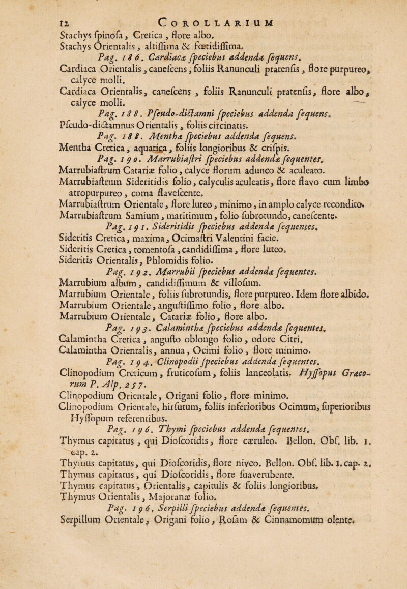 Stachys fpinofa , Cretica , flore albo. Stachys Orientalis, altiflima &c foetidiflima. Pag. iS 6. Cardiaca [pedebas addenda [eluens. Cardiaca Orientalis *canefcens, foliis Ranunculi pratenfis* flore purpureo* calyce molli. Cardiaca Orientalis* canefcens * foliis Ranunculi pratenfis* flore albo^ calyce molli. Pag. / 8 8. Pfeudo-dittamni [pedebas addenda [equens. Ffeudo-diitamnus Orientalis * foliis circinatis» Pag. i S 8. Mentha [pedebas addenda [equens. Mentha Cretica * aquatiga * foliis longioribus 8c crifpis. Pag. 190. Marnibiaftri Jpedebas addenda [equentes, Marrubiaftrum Catariae folio, calyce florum adunco & aculeato. Marrubiaftrum Sideritidis folio * calyculis aculeatis * flore flavo cum limbo atropurpureo, coma flavefcente» Marrubiaftrum Orientale, flore luteo * minimo * in amplo calyce recondito. Marrubiaftrum Samium * maritimum * folio fubrotundo, canefcente» Pag. 191. Sideritidis [pedebas addenda [equentes. Sideritis Cretica, maxima* Ocimaftri Valentini facie. Sideritis Cretica, tomentofa , candidiflima * flore luteo. Sideritis Orientalis* Phlomidis folio. Pag. 192. Marrubii [pedebas addenda[equentes. Marrubium album* candidiflimum Sc villofum. Marrubium Orientale * foliis fubrotundis* flore purpureo. Idem flore albido. Marrubium Orientale,anguftiflimo folio, flore albo. Marrubium Orientale, Catanae folio, flore albo. Pag. 193, Calamintha [pedebas addenda [equentes, Calamintha Cretica, angufto oblongo folio * odore Citrif Calamintha Orientalis * annua, Ocimi folio * flore minimo. Pag. 194. Clinopodii j'pedebas addenda [equentes. Clinopodium Creticum* fruticofum, foliis lanceolatis» Hyj[opus Graco- rum P. yllp. 2 s 7» Clinopodium Orientale* Origani folio, flore minimo. Clinopodium Orientale, hirfutum* foliis inferioribus Ocimum* fuperioribus Hyflbpum referentibus. Pag. 196. Thymi [pedebas addenda [equentes. Thymus capitatus * qui Diofcoridis* flore caeruleo. Bellon. QbC lib. i6 cap. 2. Thymus capitatus, qui Diofcoridis, flore niveo. Bellon. Obf. lib. i.cap. 2, Thymus capitatus, qui Diofcoridis * flore fuaverubente. Thymus capitatus, Orientalis* capitulis Sc foliis longioribus. Thymus Orientalis, Majoranae folio. Pag. 196, Serpilli [pedebas addenda [equentes. Serpillum Orientale* Origani folio, Rofam dc Cinnamomum olente*
