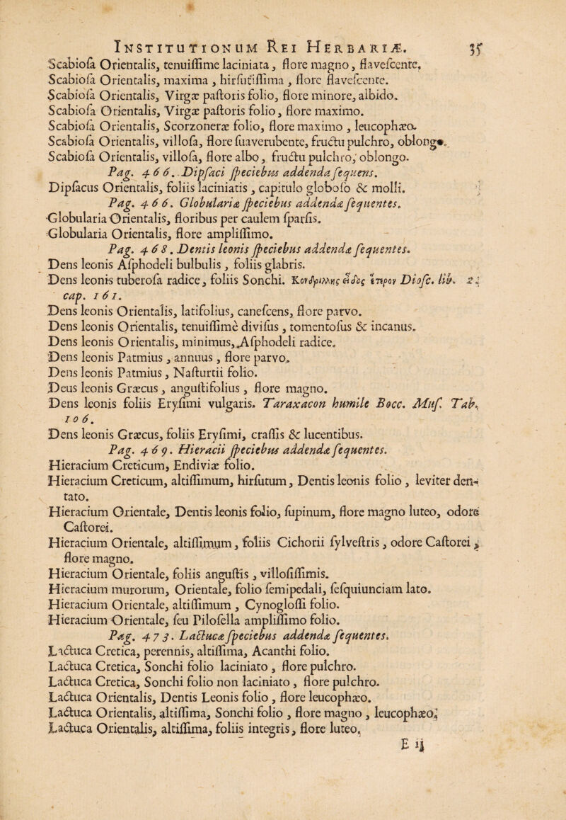 Scabiofa Orientalis, tenuiflime laciniata, flore magno, flavefcente, Scabiofa Orientalis, maxima , hirfutiflima , flore flavefcente. Scabiofa Orientalis, Virgae palloris folio, flore minore, albido. Scabiofa Orientalis, Virga? palloris folio, flore maximo. Scabiofa Orientalis, Scorzonene folio, flore maximo , leucophaeo. Scabiofa Orientalis, villofa, flore fuaverubente, frutiu pulchro, oblong«p, Scabiofa Orientalis, villofa, flore albo, frudlu pulchro, oblongo. Pag. 4-66, Dipfaci fpeckbm addenda feqiiens, Diplacus Orientalis, foliis Liciniatis, capitulo globofb & molli. Pag. 4-66. Globularia Jpeciebus addenda fequentes. Globularia Orientalis, floribus per caulem fparfls. Globularia Orientalis, flore ampliflimo. Pag. 4-6 8, Dentis leonis fpeciebus addenda fequentes. Dens leonis Afphodeli bulbulis, foliis glabris. Dens leonis tuberofa radice, foliis Sonchi. KDiofc. lik cap. i 61 . Dens leonis Orientalis, latifolius, canefcens, flore parvo. Dens leonis Orientalis, tenuiflime divifus, tomentofus &c incanus. Dens leonis Orientalis, minimus,.Afphodeli radice. Dens leonis Patmius,annuus, flore parvo. Dens leonis Patmius, Nafturtii folio. Deus leonis Graecus, angullifolius, flore magno. Dens leonis foliis Eryiimi vulgaris. Taraxacon humile Bocc. Afuf i o 6, Dens leonis Graecus, foliis Eryiimi, craflis Sc lucentibus. Pag. 464. Hieracii jpeciebns addenda fequentes. Hieracium Creticum, Endiviae folio. Hieracium Creticum, altiffimum, hirfutum. Dentis leonis folio , leviter den^, tato. Hieracium Orientale, Dentis leonis folio, lupinum, flore magno luteo, odore Caftorej. Hieracium Orientale, altiflimum, foliis Cichorii lylvellris, odore Callorei > flore magno. Hieracium Orientale, foliis anguflis, villoflflimis. Hieracium murorum. Orientale, folio femipedali, lelquiunciam lato. Hieracium Orientale, altiflimum , Cynoglofli folio. Hieracium Orientale, feu Pilofella ampliflimo folio. Pag, 473. Latluca fpeciebus addenda fequentes. Eadluca Cretica, perennis, altiflima, Acanthi folio. Labluca Cretica, Sonchi folio laciniato , flore pulchro. Labluca Cretica, Sonchi folio non laciniato, flore pulchro. Ladluca Orientalis, Dentis Leonis folio, flore leucophaeo, Labluca Orientalis, altiflima. Sonchi folio , flore magno, leucophaeo, JLa&uca Orientalis, altiflima, foliis integris, flore luteo, E ii Y