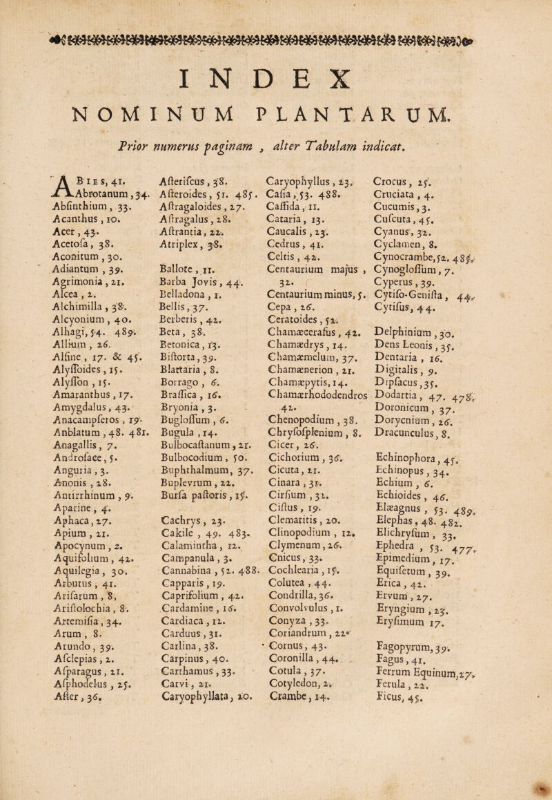 INDE NOMINUM PLANTARU Frior numerus paginam , alter Tabulam indicat. ABies, 41. Abrotanum, 34. Abfinthium, 33. Acanthus, ro. Acer, 43. Acctofa, 38. Aconitum , 30. Adiantum , 39. Agrimonia, 21, Alcea , z. Alchimilla , 38% Alcyonium , 40. Alhagi, $4. 489. Allium , 26. Alfine , 17, & 47. AlylToides, 15, Alyflon , if. Amaranthus, 17. Amygdalus, 43. Anacampferos 3 19- Anblatum, 48. 481. Anagallis, 7. Androface, 5. Anguiia , 3. Anonis , 28. Antirrhinum , 9. Aparine, 4. Aphaca, 27. Apium , zi. Apocynum, 2. Aquifolium , 42. Aquilegia, 30. Arbutus, 41. Arifarum , 8, Ariflolochia , 8'. Anemifia, 34. Arum , 8. Arundo, 35». Afclepias, z. Afparagus, zi. Afphocleks , 25, Afler, 36, AfterifcUS > 38. Afleroides ,51. 48^. Aflragaloides, 27. Aflragalus, 28. Aftrantia, 22. Atriplex, 38. Ballotc, ii. Barba Jovis, 44. Belladona , 1. Bellis, 37. Berberis, 42. Beta, 38. Betonica, 13. Biftorta, 39. Blattaria , 8. Borrago , 6. Bradica , 16. Bryonia , 3. Bugloflum , 6. Bugula , 14. Bulbocaftanum, ir. Bulbocodium, 50. Buphthalmum, 37. Buplevrum, 22. Burfa pa flor is, if. Cachrys, 23. Cakile , 45». 483. Calamintha, 12. Campanula, 3. Cannabina , 52. 488. Capparis , 19. Caprifolium , 42. Cardamine, 16. Cardiaca, 12. Carduus ,31. Carlina, 38. Carpinus, 40. Carthamus, 33. Carvi. 21. Caryophyllata ? io. Caryopliyllus, 23» Cafia,j3. 488. Caflida, 11. Cataria, 13. Caucalis, 23. Cedrus, 41. 32. Centaurium minus, 5. Cepa, z6. Ceratoides, 52. Chamaceerafus, 42. Chamacdrys, 14. Chamiemelum, 37. 41. Chenopodium ,38. Chryfofplenium , 8. Cicer, z6. Cichorium, 3 6. Cicuta, n. Cinara, 32. Cirhum , 32. Cillus, 19. Clematitis, zo. Clinopodium , 12. Clymenum, 26. Cnicus, 33. Cochlearia, if. Colutea ,44. Condrilla, 3 6. Convolvulus, 1. Conyza , 33. Coriandrum, 22° * Cornus, 43. Coronilla ,44. Cotula, 37. Cotyledon, 2. Crambe, 14. Crocus, zf. Cruciata , 4. Cucumis, 3. Cufcuta, 45'. Cyanus , 32. Cyclamen, 8. Cytifo-Genifla, 44,. Cytifus, 4 4. Delphinium, 30. Dens Leonis, 35% Dentaria , 16. Digitalis, 9. Dipfacus ,3f. Dracunculus, 8. Echinopbora, 4^ Echinopus, 34. Echium , 6. Echioides , ^6. EIsagnus , ,3. 4g?. Elephas, 48. 482. Elichryfiim , 33. Ephedra , 53. 477, Epimedium, 17. Equiferum, 39. Erica ,42. Ervum ,27. Eryngium , 23. Eryfimum 17. Fagopyrum, 35». Fagus, 41. Ferrum Equinum,27» Ferula ,22. Fieus, 4$. Celtis , 42. Centaurium majus Cynocrambe, j2. 4 8p CynoglofTum, 7. Cyperus, 39. Chamamerion , 21. Chamacpytis, 14. Cham^rhododendros Dodartia, 47. 4^g: Doronicum, 37. Dorycnium, ±6.
