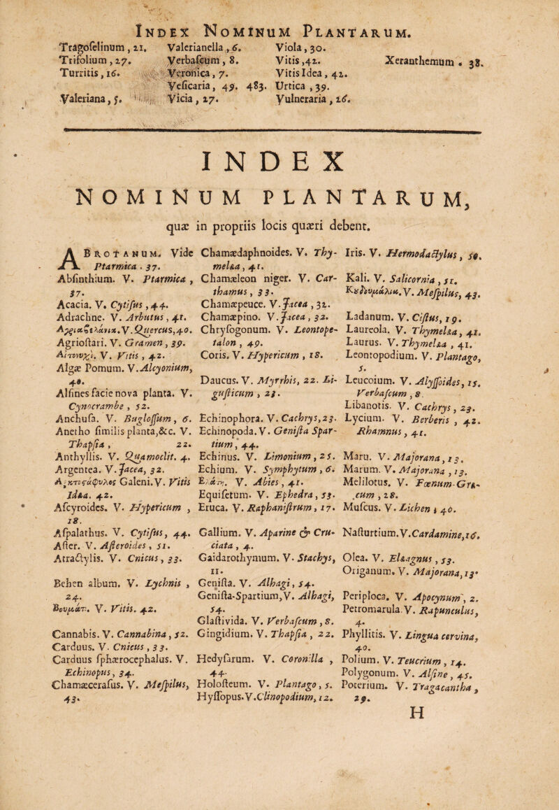 ■«* »_J Index Nominum Plantarum. Tragofelinum , 11. Valerianella >6. Viola ,30. Trifolium, 17. Verbafcum, 8. Vitis ,41. Xeranthcmuni . 33. Turritis, itf* Vcronica, 7. Vitis Idea, 41. Veficaria, 49. 483. Urtica, 39. Valeriana, f. ■m ■ Vicia, 17. Vulneraria, 16. V.. INDEX r NOMINUM PLANTARUM, qua: in propriis locis quxri debent. ABROfANUM. Vide Chamaedaphnoides. V. Thy- Iris. V. Hermodaclylus, sf» Ptarmica .37. mel&a ,4.1. Abfinthium. V. Ptarmica , Chamaeleon niger. V. Car- Kali. V. Salicornia, si. 37- ibamus > 33* KxfovpuXtu.y. Alefptlus, 4.3. Acacia. V. Cytifus, 44. Cham^peuce. y.Jtcea , 31. Adrachne. V. Arbutus, 4r. Chamaepino. y .facea, 32. Ladanum. V. Cijius, 19. A^toc£t>iUvix.V.Quercus,4.0. Chryfogonum. V* Leontope- Laureola. V. Thymeha,41. Agrioftari. V. Gramen , 39. /4/0» , 49. Laurus. V. Thymeha , 41. A/Tsyy^i. V. Vitis ,42. Coris. V. Hypericum , rS. Leontopodium. V. Plantago Algas Pomum. V.Alcyonium, j. Daucus. V. Myrrhis, 22. Li- Leucoium. V. Alyjf>idesy i$e crfJ rtJvn . XX - erh/i frum © 49. Alfinesfacienova planta. V. gufiicuin > 23. Verbafcum ,s. Cynocrambe , 52. Libanotis. V. Cachrys, 23. Anchufa. V. Baglojfum, <7. Echinophora. V. Cachrys,23. Lycium. V. Herberis , 42 Anetho fimiiis planta,&c. V. Echmopoda. V. Genijla Spar- Rhamnus, 4/. Thapjia , 22* tium y 44. Anthyllis. V. Qyfamoclit. 4. Echinus. V. Limonium, 2 j. Maru. V. Majoranayi.?. Argentea. Y.Jacea, 32. Echium. V. Symphytum,6. Marum. V. Alajorana , 13. AoxmfuCpvMs Galeni.V. Kf/w V. Abies, 41. Melilotus. V. jFoenum-Grt> id&a. 42. Equifetum. V. Ephedra y S3- .cum ,18. Afcyroides. V. Hypericum , Eruca. V. Raphanijirum, 17* Mufcus. y. Lichen * 40. tS 18. Afpalathus. V. Cytifus, 44. Gallium, V. Aparine <y Cru- Nafturtium.y.Cardamine,!#, Ader. V. Aferoides , 51. ciata y 4. Atra&ylis. V. Cnicusy 33. Gaidarothymum. V- Stachysy Olea. V. Ehagnus, 11. Orisanum. V. Maior<m* Clutd y mum. V- StachySy 11. Origanum. V. Aiajoranayi$' Behen album. V. Lychnis , GenifU. V. Alhagi, $4. 24. Gcnifta-Spartium,V. Alhagi, Periploca. V. Apocynum2 ftovpctT,. M. Vitis. 42. 54. Petromarula.y. Rapunculus Glaftivida. V. Verbafcum , 8. 4. Cannabis. V. Cannabina, /2. Gingidium. V. Thapfia , 22. Phyllitis. V. Lingua cervina Carduus. V. Cnicus , 3 j?. 40. Carduus fpharrocephalus. V. Hedyfarum. V. Coronllla y Polium. V. Teucrium y 14. Echinopus, 34. 44- Polygonum. V. Alfine, 4*. Chamaecerafus. V. Mefp>ilus}: Holofteum. V. Plantago y$. Poterium. V. Tragacantha 43. Hyflopus.y .Clinopodiumyi2» 29* H