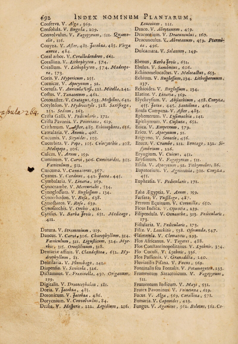 £<52- Index Conferva. V. Alga , 5 69. Conlolida. V. Bugula , 209. Convolvulus. V. Fagopyrum clit, 116. Conyza, y, After,481. Jacob&a, 485. Virga aurea, 484. Coral arbor. V.,fCorallodendren, Corallina. y. Lithophyton , 574. Coralium, y. Lithophyton , 5 74. Madrefo- S73- Coris. V. Hypericum, 2ff. Cornicar. V. Apocynum , 92. Cortufa. V. Auricula Vrfi, 121. Mitella, 242. Collus. V. Tanacetum , 462. Cotonaller. V. CraUgus, 633. Mefrilus, 442. Cotyledon. V. Hydrocctyle ,328. Saxifraga , 252. Sedum, 163. Criita Galli. V. Pedicularis, 172. Crifta Pavonis. V. Poinciana, 419. Crithmum. V-^AJler, 483. Echinophora, 45 4. Crotalaria. V. Anonis , 408. Cucumis, y. Sicyoides, 103. Cucurbita, y. , 105. Colocynthis, 10S. Aielopepo , 10 6. Culcas. y. Arum , 159. Cuminum, y. Cirvi, 30G Cttminoides, 301. Foeniculum, 312. Curcuma. V. Cannacorus, 347. Cyanus, y. Carduus, 442. , 44^. Cymbalaria. V. Linaria, 169. Cynocrambe. y. Mercurialis, 534. CynoglolTum. y. Bugloffum , 134. Cynorrhodon. V. /?0/4., 438. Cynofbatos. y. Rofa , 439. Cynoforchis. y. Orchis ,432. Cytifus. y. Barba Jovis, .412. Datura. V. Stramentum , 119. Daucus. y. Carvi*$06. Cbserophyllum, 314. Foeniculum, 311. Ligufiicum, 324. Myr- rhis, 31G Oreofelinum, 318. Dentariae affinis, y. Clandeftina , 4j2. Hy- drophyllum , 81. Dehtilaria. y. plumbago, 141. Diapenlia. V. Sanicula, 326. Diftamnus. V. Fraxinella, 430. Origanum, 199. Digitalis. V. Dracocephalon , 18.1. Doria, y. Jacob&a, 48 j, Doronicum. V. Jacob&a ,486. Dorycnium. V. Convolvulus, 84. 221. Draco, y. Abrotanum , 4^9. Dracontium. V. Dracunculus, 160. Dracunculus. V,a Abrotanum, 459. Ptatmc ca , 496. Dnlcamara, y. Solanum »149« Ebenus, Barba Jovis , 4fi. Ebulus, y. Sambucus, 606. Ecbinomelocadus. V. Meloca&us, 653. Ecliium. y. BHgloJfums i'$4> Lithofyemum, 137. EcKioides. V. Bugloffum , 134. Elatine. V. Linaria , 149. Elychryfum. V. Abjinthium, 44$. Conyza*. 445. Jacea , 44f. Santclina , 461. Enula Campana, y. , 483. Ephemerum. V. Lyjimachia , 141. Epithymum. y. Cufcuta , 6$2. Erica. V. Empetrum, 579. Ericu. y. Apocynum, 91. Erigeron. V. Senecio, 4 $4. Eruca. V. Crambe, ziz. Erucago , 232. 5i- fymbrium , zz6. Eryngium. V. Cnicus, 451. Erylimum. y. Fagopyrum , fu. Efula. y. Apocynum, 92. Tithymalus, 86. Eupatoriam. V. Agrimonia, 301. Conyza , 4S>* Euphralia. y. pedicularis, 171. 4fi. Medicavo O Draba. V. Hebens, 222. Lepidium t zj6. Faba iEgyptia. V. , 149. Farfara. V. Tuffilago, 487. Ferrum Equinum, y. Coronilla, 4fo. Ficus Indica. V. Opuntia , 239. Filipendula. y. Oenanthe., 313. Pedicularis. r73- Fillularia. V. Pedicularis, 173. Filix. V. Lonchitis , 538. Ofmunda, f47. *Fl£mmula. V. clematitis , 293. Flos Africanus, y. Tagetes, 488. Flos Conltantinopoliranus. V. Lychnis, 334. Flo Cuculi, y. Lychnis, 334. Flos Pallionis. V. Granadil/a , 240. Fluviatilis Pifana. y. Fucus, 569. Fontinalis feu Fontalis. V. Potamogeton, 233. Frumentum Saracenicum. y. Fagopyrum., 511. Frumentum Indicum, y. A/431S, 531. Frutex Pavoninus. V. Poinciana ,619. Fucus, y. ^f/gvs,449. Corallina, $71. Fumaria, y. Capnoides, 413. Fungus, y, Agaricus, j4i. Boletus, f 4i. Cf- nominum Plantarum Leucoium -y 11. Quamo- X