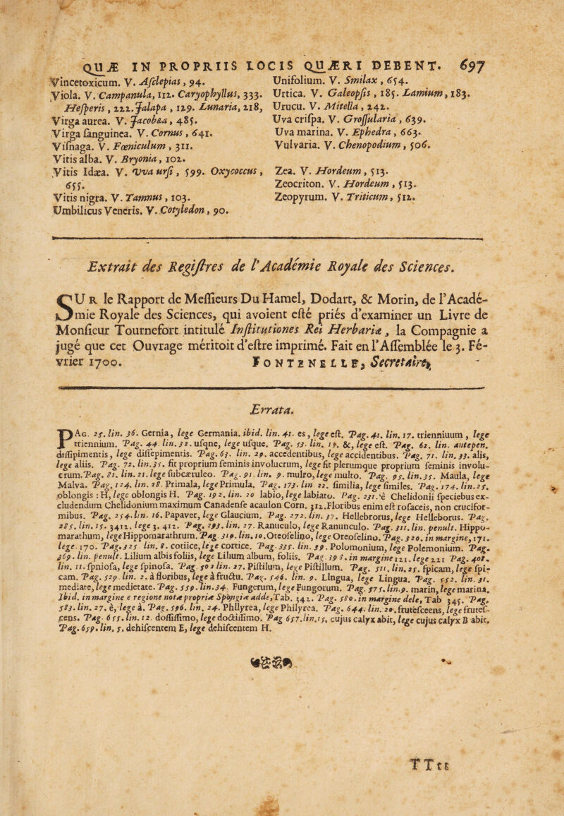 Vincetoxicuni. V* ■Afclepias, 94. Viola. V.Campanula, 111. Caryophyllus, 333. Hejperls, 12,1 .falapa , 129* Lunaria, 218, Virga aurea. V. facob&a ,485. Virga fanguinea. V. Cornus, 641. Vifnaga. V. Foeniculum , 311. Vitis alba. V. Bryonia, 102. Vitis Idaea. V. njvaurfi, f99• Oxycoccus, Vitis nigra. V. Tamnus, 103. Umbilicus Veneris. V. Cotyledon, 90. Unifolium. V. Smilax , 654.. Urtica. V. Galeopfts ,185. Lamium, 183. Urucu. V. Mitella , 142. Uva crilpa. V. Grojfularia , 639. Uva marina. V. Ephedra, 663. Vulvaria. V. Cbenopodium, fo<£. Zea. V. Hordeum, fi3- Zeocriton. V. Hordeum > U3» Zeopyrum. V. Triticum, yu. Extrnt des Regiftres de t Academi e Royale des Sciences. SU R le Rapport de Meffieurs Du Hamel, Dodart, &: Morin, de FAcade- mie Royale des Sciences, qui avoient efte pries d^xaminer un Livre de Monfieur Tournefbrc intimle Inftitutiones Rei Herbaria la Compagnie a juge que cec Ouvrage meritoit d’eftre imprime. Fait enFAlTemblee le 3. Fe- vrier 1700. FontenhlEj Secrctalrty Errata> * PAg. i/, /*w. ,i<*. Gernja, /z?ge Germania, i&ic/. lin. 41- es, /<?£* cft. '7>^. 4/. lin. 17. trienniuum , /ege triennium. 'Prfg. 44 /i». 3*. ufqne, lege ufque. Tag. 33-lin. z*. 8c} lege c(l. Tag. 62. lin. autepen. diilipimentis, /ege dilfepimentis. Tag. 63. lin. 29. accedentibus, lege accidentibus. Tag. 71. lin. 33. alis, lege aliis. Tag. 72.Un.3s. fit proprium feminis involucrum, lege fit plerumque proprium feminis involu- • - -5 - -O-- C> ' - -> O ^ i . C V^llCUUUUU L|/vUvUU) VA.** eludendum Chelidonium maximum Canadenfe acaulon Corn. ju.Floribus enimeft rofaceis non crucifor¬ mibus. Tag. 2s4.lin. 16. Papaver, lege Glaucium, Tag. 272. lin. 3?. Hellebrorus, lege Helleborus. Tag. 28S. Un. Jf. 3411. lege 3. 412. Tag. 243, lin. 27. Ranuculo, lege Ranunculo. Tag. 311. lin. penult. Hippo- marathum, /egeHippomarathrum.Tag. 319. lin. /o.Oteofelino, lege Oreofelino. Tag. 320. in margine, 171. lege. 170. Tag.323 Un. s. codice,lege Cortice. Tag .333. lin. 39. Polomonium, lege Polemonium. Tag, 369. lin. penult. Lilium albis foliis, lege Lilium album, foliis. Tag. 39 s. in margine izi.le^e zii Tag. 409. lin. 11. fpniofa, lege fpinofa. Tag 2 lin. 27. Piftilum, lege Piftillum. Tag. ju. lin. fpicam, lege fpi- cam .Tag. s 20. Un. 2. a floribus, lege afru&u. Tag. 346. lin. 9. Lingua, lege Lingua. Tag. sf2. lin. 31. mediare,medietate. Tag. s39.lin.34. Fungerum, lege Fungorum. Tag. 37s. lin.p'inatin, lege marina. Jbid. in margine e regione no t* propria: Spongi* adde,T ab. 542.. Tag. 380. in margine dele, Tab j4y. Tag. 383. lin. 27. e, lege a. Tag. 396. lin. 24. Phllyrea, lege Philyrea. Tag. 644. lin:20.frutefeeens, lege frutef- fsns. Tag 6 ss.lin. 12. doflUfimo, lege doaiifimo. Tag 637.Un.13, cujus calyx abit, lege cuius calyx B abit. Tag. 639. Un. 3, dehifcentem, E, lege dehifcentem H. * S4