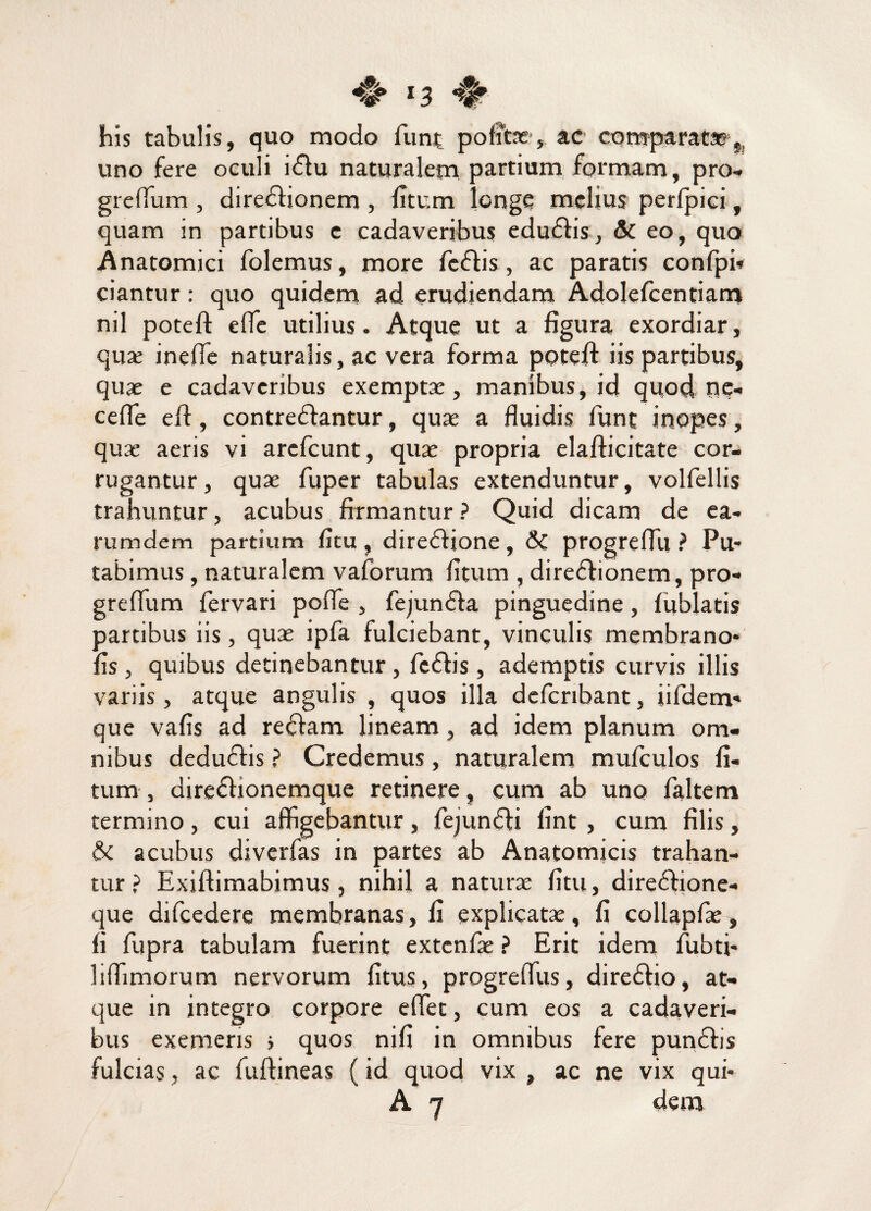 ♦f* «3 # his tabulis, quo modo funt politae, ac comparatae uno fere oculi idlu naturalem partium formam, pro- greflum , diredfionem, litum longe melius perfpici, quam in partibus e cadaveribus edudlis, & eo, quo Anatomici folemus, more feftis, ac paratis confpb ciantur: quo quidem ad erudiendam Adolefcentiam nil potefl effe utilius. Atque ut a figura exordiar, qua: ineffe naturalis, ac vera forma potefl iis partibus, quae e cadaveribus exemptae, manibus, id quod ne- ceffe efi, contreflantur, quae a fluidis funt inopes, quae aeris vi arefeunt, quae propria elafticitate cor¬ rugantur, quae fuper tabulas extenduntur, volfellis trahuntur, acubus firmantur ? Quid dicam de ea¬ rum dem partium fitu, dire£lione, 6c progreflli ? Pu¬ tabimus , naturalem vaforum litum , direflionem, pro- grefium fervari polfe , fejundta pinguedine, lublatis partibus iis, quae ipfa fulciebant, vinculis membrano* fis, quibus detinebantur, fc£fis, ademptis curvis illis variis, atque angulis , quos illa defcnbant, iifdenv* que vafis ad re clam lineam, ad idem planum om¬ nibus dedudlis ? Credemus, naturalem mufculos li¬ tum , dire&ionemque retinere, cum ab uno faltem termino , cui affigebantur , fejunffi fint , cum filis, & acubus diverfas in partes ab Anatomicis trahan¬ tur? Exiftimabimus, nihil a naturae fitu, dire£fione- que difcedere membranas, fi explicatae, fi collapfie, fi fupra tabulam fuerint extenfae ? Erit idem fubti- liffimorum nervorum litus, progretTus, dire£tio, at¬ que in integro corpore eflet, cum eos a cadaveri¬ bus exemeris * quos nili in omnibus fere pun£fis fulcias, ac fuftineas (id quod vix , ac ne vix qui* A 7 dem