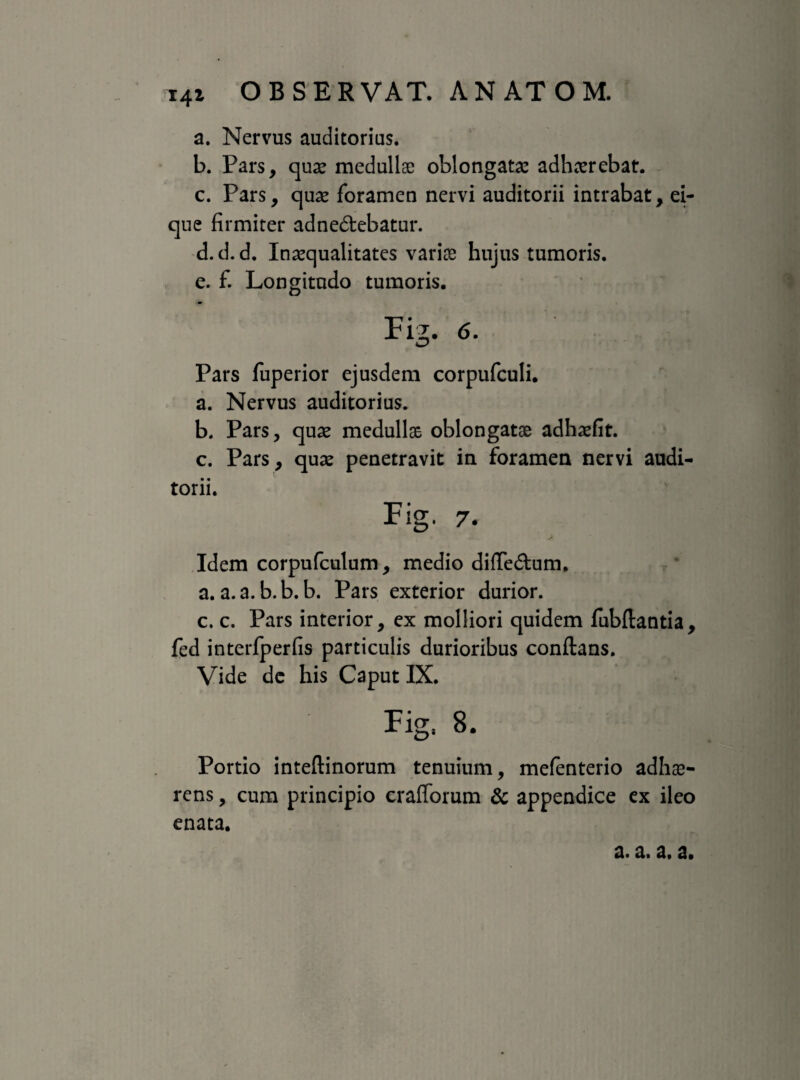 a. Nervus auditorias. b. Pars, quae medullae oblongata? adhaerebat. c. Pars, quae foramen nervi auditorii intrabat, ei- que firmiter adnedtebatur. d. d. d. Inaequalitates variae hujus tumoris. e. f. Longitudo tumoris. Fig. 6. Pars fuperior ejusdem corpufculi. a. Nervus auditorius. b. Pars, quae medullae oblongatae adhaefit. c. Pars, quae penetravit in foramen nervi audi¬ torii. Fig. 7. Idem corpufculum, medio diffedtum. a. a. a. b. b. b. Pars exterior durior. c. c. Pars interior, ex molliori quidem fubflantia, fed interfperfis particulis durioribus conftans. Vide de his Caput IX. Fig, 8. Portio inteftinorum tenuium, mefenterio adhae¬ rens , cum principio crafforum & appendice ex ileo enata. a. a. a. a.