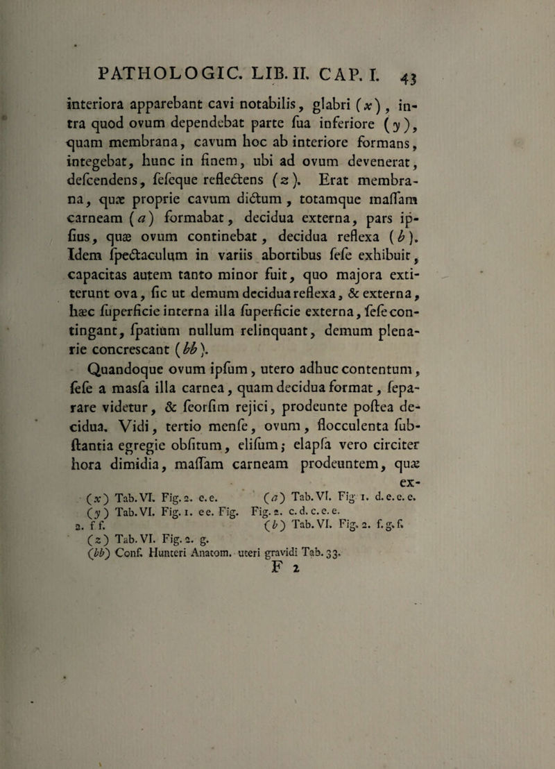 interiora apparebant cavi notabilis, glabri (x) , in¬ tra quod ovum dependebat parte fua inferiore (31), quam membrana, cavum hoc ab interiore formans, integebat, hunc in finem, ubi ad ovum devenerat, defeendens, fefeque refledens (2), Erat membra¬ na, qua: proprie cavum didum , totamque inaflam carneam (a) formabat, decidua externa, pars ip- fius, quae ovum continebat, decidua reflexa (£). Idem fpedaculum in variis abortibus fefe exhibuit, capacitas autem tanto minor fuit, quo majora exti- terunt ova, fic ut demum decidua reflexa, & externa, haec fuperficie interna illa fuperficie externa, fele con¬ tingant, fpatium nullum relinquant, demum plena¬ rie concrescant (kb). Quandoque ovum ipfum, utero adhuc contentum, fefe a masfa illa carnea, quam decidua format, fepa- rare videtur, & feorfim rejici, prodeunte poftea de¬ cidua, Vidi, tertio menfe, ovum, flocculenta fub- ftantia egregie obfitum, elifum; elapfa vero circiter hora dimidia, maffam carneam prodeuntem, quas ex- (.v) Tab.VL Fig.2. e.e. (j) Tab.Vi. Fig 1. d.e.c.e. (3;) Tab.VI. Fig.i. e e. Fig. Fig. 2. c.d.c.e.e. 2. ff. O) Tab.VL Fig, 2. f.g,L (2) Tab.VL Fig. 2. g. (bb') Conf, Hunteri Anatom. uteri eravidi Tab. 33. F 2