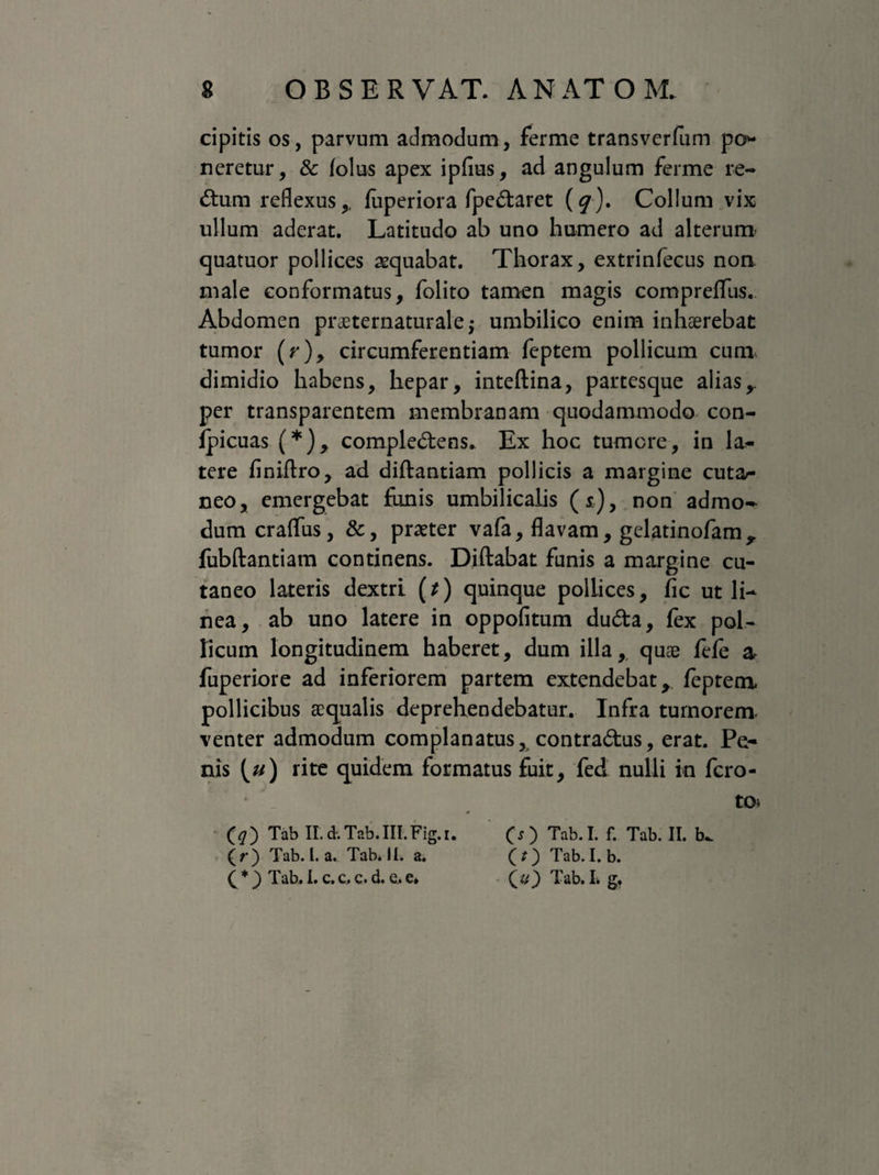 cipitis os, parvum admodum, ferme transverfum po¬ neretur, & folus apex ipfius, ad angulum ferme re- dum reflexus ,, fuperiora fpedaret (^). Collum vix ullum aderat. Latitudo ab uno humero ad alterum quatuor pollices aequabat. Thorax, extrinfecus non male conformatus, folito tamen magis compreflus. Abdomen praeternaturale$ umbilico enim inhaerebat tumor (r), circumferentiam feptem pollicum cum dimidio habens, hepar, inteftina, partesque alias,, per transparentem membranam quodammodo con- lpicuas (*), compledens. Ex hoc tumore, in la¬ tere finiftro, ad diflantiam pollicis a margine cuta¬ neo, emergebat fimis umbilicalis (s), non admo¬ dum craflfus, &, praeter vafa, flavam, gelatinofam,. fubftantiam continens. Diftabat funis a margine cu¬ taneo lateris dextri (t) quinque pollices, fic ut li¬ nea, ab uno latere in oppofitum duda, fex pol¬ licum longitudinem haberet, dum illa, quae fefe a fuperiore ad inferiorem partem extendebat * feptem. pollicibus aequalis deprehendebatur. Infra tumorem, venter admodum complanatus, contradus, erat. Pe¬ nis {u) rite quidem formatus fuit, fed nulli in fcro- tOi (?) Tab II.d-.Tab.III.Fig.i. (s) Tab.I. f. Tab. II. (r) Tab. I. a. Tab* II. a. (t) Tab. I. b. ( * ) Tab. I. c. c. c. d. e, e. (u) Tab. I* g.