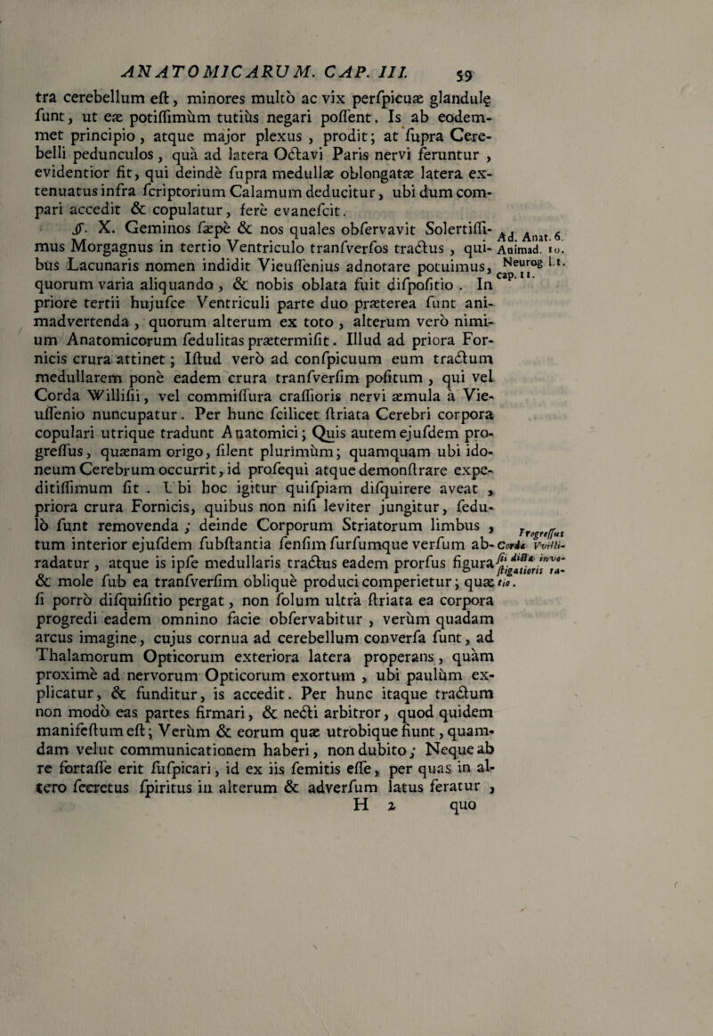 tra cerebellum eft, minores mulco ac vix perfpicuae glandul? funt, ut ex potiffimum tutius negari poflent. Is ab eodem- met principio, atque major plexus , prodit; at fupra Cere¬ belli pedunculos, qua ad latera Odtavi Paris nervi feruntur , evidentior fit, qui deinde fupra medullas oblongatae latera ex¬ tenuatus infra fcriptorium Calamum deducitur, ubi dum com¬ pari accedit & copulatur, fere evanefcit. JT. X. Geminos fxpe & nos quales obfervavit Solertifli- ^ 6 mus Morgagnus in tertio Ventriculo tranfverfos tradtus , qui- Aaimad. io! bus Lacunaris nomen indidit Vieuflenius adnotare potuimus, Neurog. l.i. quorum varia aliquando, & nobis oblata fuit difpofitio .In priore tertii hujufce Ventriculi parte duo praeterea funt ani¬ madvertenda , quorum alterum ex toto , alterum vero nimi¬ um Anatomicorum fedulitas prsetermifit. Illud ad priora For¬ nicis crura attinet; Iflud vero ad confpicuum eum tradlum medullarem pone eadem crura tranfverfim pofitum , qui vel Corda Willifii, vel commiflura craffioris nervi asmula a Vie- uflenio nuncupatur. Per hunc fcilicet ftriata Cerebri corpora copulari utrique tradunt Anatomici; Quis autemejufdem pro- greffus, quasnam origo, filent plurimum; quamquam ubi ido¬ neum Cerebrum occurrit, id profequi atque demonflrare expe- ditiffimum fit . I bi hoc igitur quifpiam difquirere aveat , priora crura Fornicis, quibus non nifi leviter jungitur, fedu- 16 funt removenda ; deinde Corporum Striatorum limbus , }-rogrtf[ut tum interior ejufdem fubftantia fenfim furfumque verfum ab-c^ vw«- radatur , atque is ipfe medullaris tra&us eadem prorfus figura & mole fub ea tranfverfim oblique produci comperietur; quae*/*, fi porro difquifitio pergat, non folum ultra ftriata ea corpora progredi eadem omnino facie obfervabitur , verum quadam arcus imagine, cujus cornua ad cerebellum converfa funt, ad Thalamorum Opticorum exteriora latera properans , quam proxime ad nervorum Opticorum exortum , ubi paulum ex¬ plicatur, funditur, is accedit. Per hunc itaque tradlum non modo eas partes firmari, <5c nedti arbitror, quod quidem manifeftum eft; Verum &. eorum qux utrobique fiunt, quam¬ dam velut communicationem haberi, non dubito; Neque ab re fortafte erit fufpicari, id ex iis femitis effe, per quas in al¬ tero feeretus fpiritus in alterum & adverfum latus feratur , H z quo