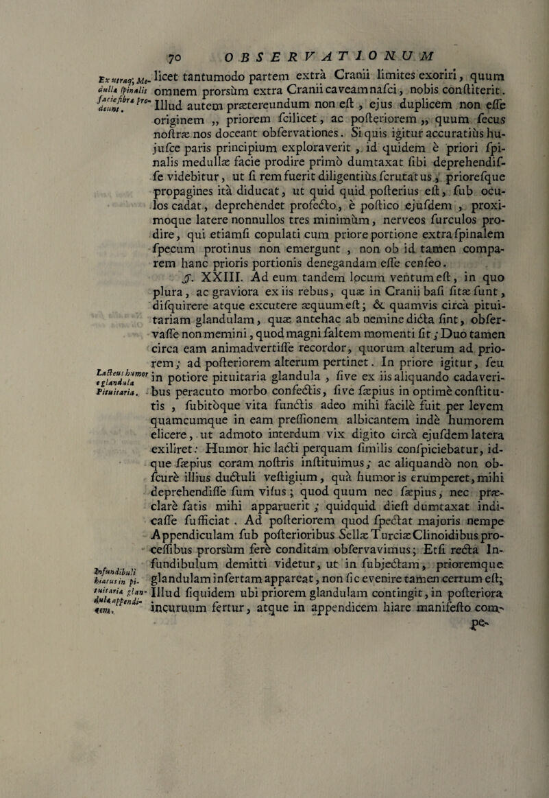 *xutr*q\Mi- licet tantumodo partem extra Cranii limites exoriri, quum duiu (pinalis omnem prorsum extra Cranii caveamnafci, nobis conftiterit. *dtun!r**r0m Illud autem praetereundum non eft , ejus duplicem non ede originem ,, priorem fcilicet, ac pofteriorem „ quum fecus noftras nos doceant obfervationes. Si quis igitur accuratius hu- jufce paris principium exploraverit ,. id quidem e priori /pi¬ nalis medullae facie prodire primo dumtaxat fibi deprehendif- fe videbitur, ut fi rem fuerit diligentius ferutatus , priorefque propagines ita diducat, ut quid quid poflerius eft, fub ocu¬ los cadat, deprehendet profedlo, e poftico ejufdem ,. proxi¬ moque latere nonnullos tres minimum, nerveos furculos pro¬ dire, qui etiamfi copulati cum priore portione extra fpinalem fpecum protinus non emergunt , non ob id tamen compa¬ rem hanc prioris portionis denegandam ede cenfeo. XXIII. Ad eum tandem locum ventum eft, in quo plura, ac graviora ex iis rebus, quas in Cranii bad dtxfunt, difquirere atque excutere aequum eft; 6l quamvis circa pitui¬ tariam glandulam, quae antehac ab nemine didla dnt, obfer- vade non memini, quod magni faltem momenti dt; Duo tamen circa eam animadvertide recordor, quorum alterum ad prio¬ rem; ad pofteriorem alterum pertinet. In priore igitur, feu fgUnd»umr’m Poti°re pituitaria glandula , dve ex iis aliquando cadaveri- piruitaria. bus peracuto morbo confedtis, dve faepius in optime conftitu- tis , fubitoque vita fundtis adeo mihi facile fuit per levem quamcumque in eam prefdonem albicantem inde humorem elicere, ut admoto interdum vix digito circa ejufdem latera exiliret: Humor hic lacti perquam dmilis confpiciebatur, id- que faepius coram noftris inftituimus; ac aliquando non ob- fcure illius dudtuli veftigium, qua humoris erumperet,mihi deprehendiffe fum vifus ; quod quum nec faepius, nec prae¬ clare fatis mihi apparuerit ; quidquid dieft dumtaxat indi- cade fufficiat . Ad pofteriorem quod fpedlat majoris nempe Appendiculam fub pofterioribus SellaeTurciaeClinoidibuspro- cedibus prorsum fere conditam obfervavimus; Etd redfca In- , , . fundibulum demitti videtur, ut in fubjedlam, prioremque. infundibuli , , , . r ^ A 1 n hiatus in pi- glandulam infertam appareat, non lic evenire tamen certum elt^ gl**' Equidem ubi priorem glandulam contingit, in pofteriora incuruum fertur, atque in appendicem hiare manifefto corn¬ ee-