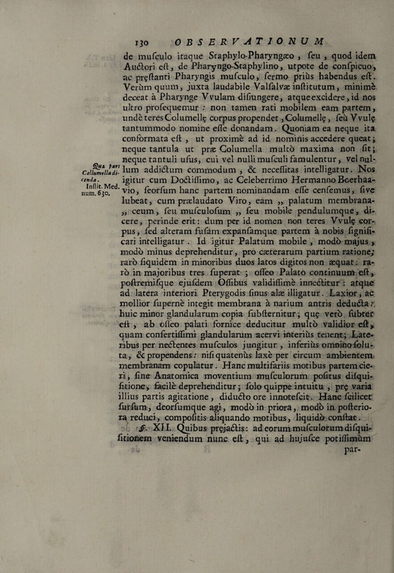 de mufculo itaque Staphylo-Pharyngseo , feu , quod idem A udiori efl, de Pharyngo-Stapbylino, utpote de confpicuo, ac prgftanti Pharyngis mufculo, fermo prius habendus efl:. Verum quum, juxta laudabile Valfalvae inflitutum, minimb deceat a Pharynge Vvulam difiungere, atque excidere, id nos ultro profequemur ; non tamen rati mobilem eam partem, unde teres Columelle corpus propendet ,CoIumelle, feh Vvul$ tantummodo nomine effe donandam. Quoniam ea neque ita conformata efl , ut proxime ad id nominis accedere queat; neque tantula ut prae Columella multo maxima non fit; neque tantuli ufus, cui vel nulli mufculi famulentur, velnul- coiSwiiaTi- lurn addidlum commodum, & neceflitas intelligatur. Nos cenda. igitur cum Dodliflimo, ac Celeberrimo Hermanno Bcerhaa- vi°, fcorfum hanc partem nominandam effe cenfemus, fi ve lubeat, cum praelaudato Viro, eam „ palatum membrana- „ ceum, feu mufculofum „ feu mobile pendulumque, di¬ cere, perinde erit: dum per id nomen non teres Vvul$ cor¬ pus, fed alteram fufam expanfamque partem a nobis fignifi- cari intelligatur . Id igitur Palatum mobile , modo majus , modo minus deprehenditur, pro ceterarum partium ratione; raro fiquidem in minoribus duos latos digitos non aequat: ra¬ ro in majoribus tres fuperat ; offeo Palato continuum efl, poflremifque ejufdem Offibus validiflime innedlitur : atque ad latera interiori Pterygodis finus alae illigatur. Laxior, ac mollior fuperne integit membrana a narium antris dedudla .* huic minor glandularum copia fubflernitur; qu£ vero fubter efl , ab ofleo palati fornice deducitur multo validior efl, quam confertiffimi glandularum acervi interius tenent; Late¬ ribus per nedlentes mufculos jungitur , inferius omninofolu- ta, & propendens; nifi quatenus laxe per circum ambientem membranam copulatur. Hanc multifariis motibus partem cie¬ ri, fine Anatomica moventium mufculorum politus difqui- fitione, facile deprehenditur; folo quippe intuitu , pr§ varia illius partis agitatione, didudlo ore innotefcit. Hanc fcilicet furfum, deorfumque agi, modo in priora, modo in pofterio- ra reduci, compofltis aliquando motibus, liquido conflat. JP. XII. Quibus pr^jadlis : ad eorum mufculorum difqui- fitionem veniendum nunc efl, qui ad hujufce potiffimum par-