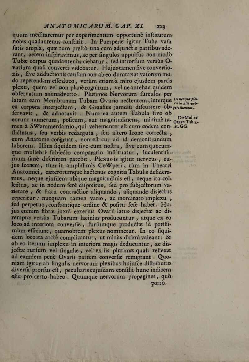 / ANATOMICARUM. CAPXI quum meditaremur per experimentum opportune inditutum nobis quadantenus conditit . In Puerperae igitur Tub§ vafa fatis ampla, quae tum pr^db una cum adjunbfcis partibus ade¬ rant, aerem infpiravimus,ac per fingulos appulfus non modo Tubae corpus quadantenus-ciebatur , fedintrorfum versus O- varium quali converti videbatur . Hujus tamen live converlio- nis, live addubfionis caufam non ab eo dumtaxat vaforum mo¬ do repetendam ede duco, verum etiam a miro ejusdem partis plexu , quem vel non plane cognitum, vel ne antehac quidem ©bfervatum animadverto. Plurimos Nervorum furculos per latam eam Membranam1 Tubam Ovario nedlentem , interque xuinatuwf-- ea corpora interjedtam , & Graafius jam diu difcurrere ob- ptrtilionum. fervavit , <k adnotavit . Num' ea autem Tabula five ob eorum numerum, politum, aut magnitudinem, minime ta- men a SWammerdamio,qui vehementered cum eodem con- lit.GG fiidlatuS', feu verbis- redarguta , feu altero Icone corredla , cum Anatome congruat , non ed cur ad id demondrandum laborem. Illius liquidem five cum noftra, five cum quocum¬ que muliebri* fubjedlo comparatio indituatur , luculentiffi-' mum fane diferimen patebit . Plexus is igitur nerveus , cu¬ jus Iconem, tum in amplilfimis CoWperi, tum in Theatri Anatomici, caeterorumque ha&enus cognitis Tabulis delidera- mus, neque ejufdem ubique magnitudinis ed, neque ita coi- ledtus, ac in nodum* fere difpofitus, fed pro fubjedlorum va¬ rietate , & datu contradtior aliquando , aliquando disjedtus reperitur : nunquam tamen vario , ac inordinato implexu , ied perpetuo,condantique ordine & politu fefe habet. Hu¬ jus etenim fibrae juxta exterius Ovarii latus- disjedlae ac di¬ remptae versus Tubarum lacinias producuntur , atque ex eo Joco ad interiora converfae , furfumque productae id potiffi* mum efficiunt , quamobrem plexus* nominetur. In eo liqui¬ dem locoita ardle complicantur , ut minus dirimi valeant: & ab eo iterum implexu in interiora magis deducuntur, ac dis- jedlae rurfum vel fingulae , vel ex iis plurimae quali reflexae ad eamdem pene Ovarii partem converfae remigrant . Quo* niam igitur ab lingulis nervorum plexibus hujufce didributio» diverfa prorfus ed, peculiariscujufdam confilii hunc indicerm ode pro certo habeo . Quumque nervorum propagines, qub^ porro- / \