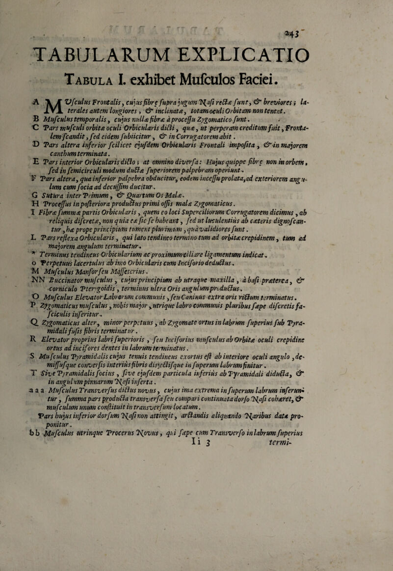 / ( M3' TABULARUM EXPLICATIO Tabula I. exhibet Mufculos Faciei. A \Ji Vfculus Frontalis, cujus fibre fuprajugum rcbl& funt, & breviores i la~ IVI ter ales autem longiores t & inclinata, totam oculi Orbitam non tenent. B Mufculus temporalis, cujus nulla fibra a procejju Zygomatico funt. C Tars mufculi orbita oculi Orbicularis dibli, qua, ut perperam creditum fuit, Fronta¬ lem-fcandit ,fed eidem fubiicitur, & in Corrugatorem abit. 3) Tars altera inferior fcil icet ejufdem Orbicularis Frontali impofita , & in majorem canthum terminata. E Tars interior Orbicularis diblo ; at omnino diverfa: Hujus quippe fibre non in orbem, fed in femicirculi modum dubia fuperiorempalpebram operiunt. V Tars altera, quainferior palpebra obducitur, eodem inceffuprolata,ad exteriorem angu¬ lum cum f ocia ad deaiffim ducitur . G Sutura inter Trimum, & Quartum Os Mala . H Trocejfus inpofleriora produblus primi offis mala Zygomaticus. I Fibra fumma partis Orbicularis, quem eo loci Superciliorum Corrugatorem dicimus, ab reliquis difcreta,non quia ea fic fe habeant, fcd ut luculentius ab cateris dignofean- tur, ha prope principium tument plurimum , qud validiores funt. L Tars reflexa Orbicularis, qui lato tendineo termino tum ad orbita crepidinem, tum ad majorem angulum terminatur. * Terminus tendineus Orbicularium ac proximttttrciliare ligamentum indicat, o Terpetuus lacertulus ab imo Orbicularis cum Inciforio de dubius. Js\ Mufculus 'Manforfeu Mdffetcrius. NN Buccinator mufculus, cujus principium ab utraque maxilla , dbafi praterca, & ■corniculo Tterygoidis , terminus ultra Oris angulumprtdublus . O Mufculus Elevator Labrorum communis ,feuCaninus extra oris ribium terminatus. P Zygomaticus mufculus, nobis major ,utrique labro communis pluribus fepe difcretis fa- fciculis infer it ur. Q. Zygomaticus alter, minor perpetuus, ab Zygomate ortus in labrum fuperius fub Tyra- midalifufis fibris terminatur. R Elevator proprius labri fuperioris , feu Inciforius mufculus ab Orbita oculi crepidine ortus ad incifores dentes in labrum terminatus. S Mufculus Tyramidalis cujus tenuis tendineus exortus eft ab interiore oculi angulo , de- miffufque converfis interius fibris disjeblifque in fuperum labrum finitur. T Sive Tyramidalis f ocius , five ejufdem particula inferius ab Tyramidali d id ubi a, & in angulum pinnarum 'Ffafi inferta. a a a Mufculus Transverfus dibtus novus, cujus ima extrema in fuperum labrum infer un* tur, fumma pars produbta transverfa feu compari continuata dorfo Tsfaft coharet, & muf culum unum confli fuit in transverfum locatum. Vars hujus inferior dorfumlsfafi non attingit, arblandis aliquando paribus data pro- ponitur. bb Mufculus utnnque Trocerus TSfovus, qui fepe cum Transverfo in labrum fuperius I i 2 termU