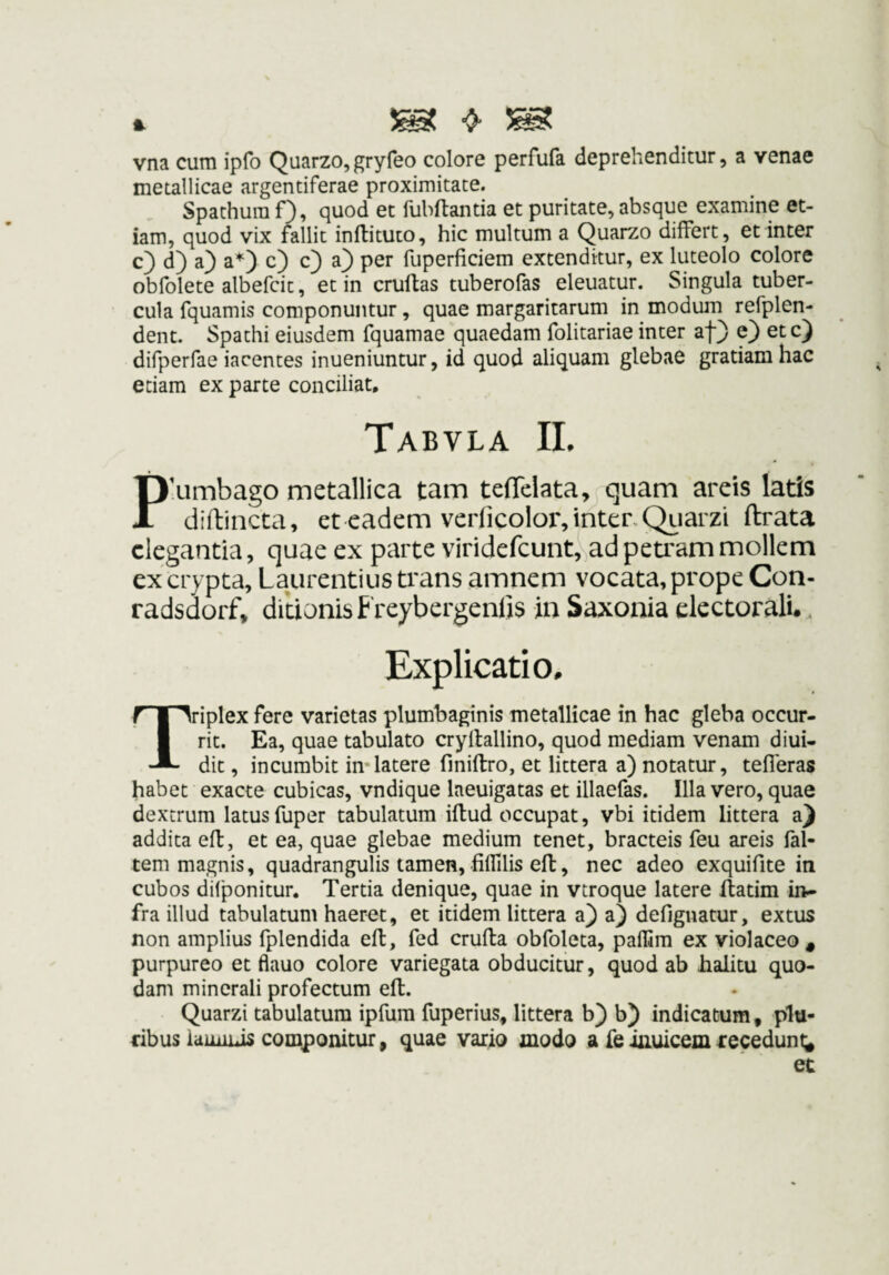 vna cum ipfo Quarzo, gryfeo colore perfufa deprehenditur, a venae metallicae argentiferae proximitate. Spathura f), quod et fubftantia et puritate, absque examine et¬ iam, quod vix fallit inflituto, hic multum a Quarzo differt, et inter c) d) a) a^) c) c) a) per fuperficiem extenditur, ex luteolo colore obfolete albefcit, et in cruftas tuberofas eleuatur. Singula tuber¬ cula fquamis componuntur, quae margaritarum in modum refplen- dent. Spathi eiusdem fquamae quaedam folitariae inter af} e) etc) difperfae iacentes inueniuntur, id quod aliquam glebae gratiam hac edam ex parte conciliat, Tabvla IL P'umbago metallica tam teflelata, quam areis latis diftincta, et eadem verficolor,interQiiarzi ftrata elegantia, quae ex parte viridefeunt, ad peti'am mollem ex crypta, Laurentius trans amnem vocata, prope Con- radsdorf, ditionis f reybergenlis in Saxonia electorali.. Explicatio, Triplex fere varietas plumbaginis metallicae in hac gleba occur¬ rit. Ea, quae tabulato cryltallino, quod mediam venam diui- dit, incumbit in*latere finiflro, et littera a) notatur, tefleras habet exacte cubicas, vndique laeuigatas et illaefas. Illa vero, quae dextrum latus fuper tabulatum iflud occupat, vbi itidem littera a) addita eft, et ea, quae glebae medium tenet, bracteis feu areis fal- tem magnis, quadrangulis tamen, fifTilis eft, nec adeo exquirite in cubos difponitur. Tertia denique, quae in vtroque latere flarim fra illud tabulatum haeret, et itidem littera a) a) deriguatur, extus non amplius fplendida eft, fed crufla obfoleta, paflim ex violaceo , purpureo et flauo colore variegata obducitur, quod ab halitu quo¬ dam minerali profectum eft. Quarzi tabulatum ipfum fuperius, littera b) b) indicatum, plu¬ ribus iaimus componitur ^ quae vario modo a fe iuuicem recedunt^ et