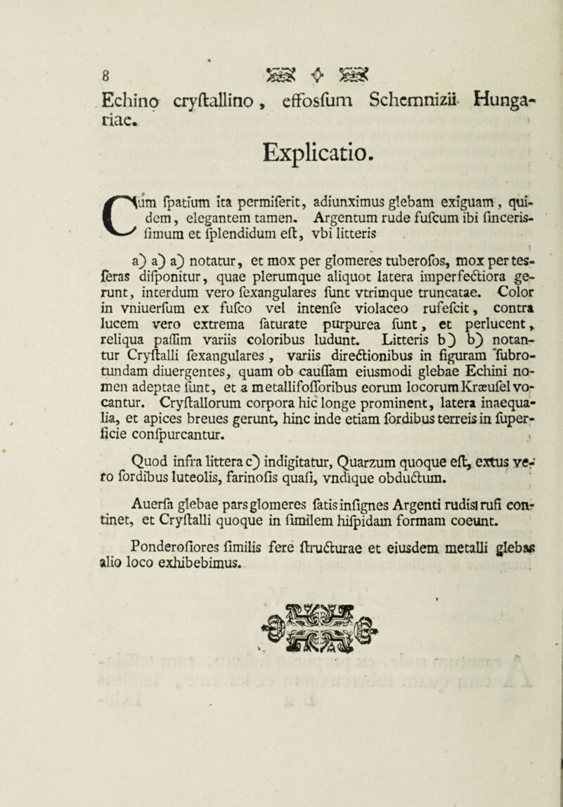 , Echina cryftallino, efFosfum Schcmnizii Hunga- riae. Explicatio. Cum rpatium ita permiferit, adiunximusglebam exiguam, qiii- dcm, elegantem tarnen, Argentum rüde fufcum ibi fmceris- fimum et ^lendidum efi:, vbi litteris I a) a) a^ notatur, et mox per glomeres tuberofos, mox pertes- feras dilponitur, quae plerumque aliquot latera imperfe<5liora ge¬ runt , interdum vero fexangulares funt vtrimque truncatae. Color in vniuerfum ex fufco vel intenfe violaceo rufefcit, contra lucem vero extrema faturate purpurea funt, et perlucent, reliqua paHIm variis coloribus ludunt. Litteris b^ b) notan¬ tur Cryllalli fexangulares, variis diredlionibus in figuram Tubro- tundam diuergentes, quam ob caulTam eiusmodi glebae Echini no¬ men adeptae funt, et a metallifofiToribus eorum locorumKrseufelvo¬ cantur. Cryflallorum corpora hic longe prominent, latera inaequa¬ lia, et apices breues gerunt, hinc inde etiam fordibus terreis in fuper- ficie conlpurcantur. Quod infra littera c^ indigitatur, Quarzum quoque ell, extus ve^ fo fordibus luteolis, farinofis quafi, vndique obdudliun. Auerfa glebae pars glomeres fatis infignes Argenti rudisinifi con¬ tinet, et Cryfialli quoque in fimüem hifpidam formam coeunt. Ponderofiores fimilis fere flimdlurae et eiusdem metalli glebas alio loco exhibebimus.