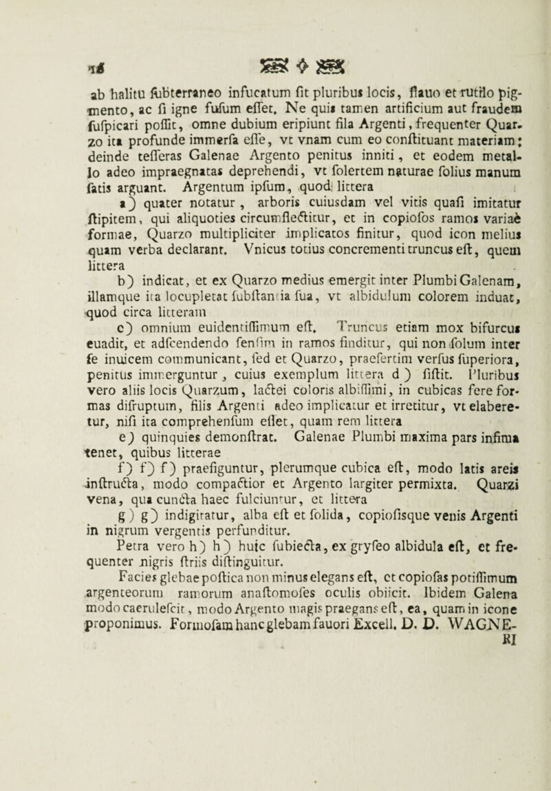 1« ^ ^ ab halitu llibterraneo infucatum fit pluribus locis, Üauo etrutrlo pig¬ mento, ac fl igne fufum eflet. Ne quii tamen artificium aut fraudem fufpicari pofTit, omne dubium eripiunt fila Argenti, frequenter Quar, zo ita profunde immerfa efle, vt vnam cum eo conftituant materiam: deinde tefleras Galenae Argento penitus inniti, et eodem metal¬ lo adeo impraegnatas deprehendi, vt folertem naturae folius manum fatis arguant. Argentum ipfum, quod: littera a') quater notatur , arboris cuiusdam vel vitis quafi imitatur ftipitem, qui aliquoties circumifle<5licur, et in copiofos ramos variat formae, Quarzo multipliciter implicatos finitur, quod icon melius quam verba declarant. Vnicus totius concrementi truncus eft, quem littera b) indicat, et ex Quarzo medius emergit inter Plumbi Galenam, illamque ita locupletat lubllaii'ia fua, vt albidulum colorem induat, quod circa litteram c) omnium euidentifliniunn elb. Truncus etiam mox bifurcus cuadit, et adfcendendo fenlim in ramos finditur, qui non folum inter fe inuicem communicant, fed et Quarzo, praefertim verfus fuperiora, penitus immerguntur , cuius exemplum littera d ) fifiit. lauribus vero aliis locis Quarzum, latflei coloris albiflimi, in cubicas fere for¬ mas difruptum, filis Argenti adeo implicatur et irretitur, vtelabere- tur, nifi ita comprehenfum eilet, quam rem littera e) quinquies demonllrat. Galenae Plumbi maxima pars infima tenet, quibus litterae O O praefiguntur, plerumque cubica eil, modo latis areis inftrudla, modo compaclior et Argento largiter permixta. Quarzi vena, qua cundla haec fulciuntur, et littera g) g} indigiratur, alba eft et folida, copiofisque venis Argenti in nigrum vergentis perfunditur. Petra veroh) h) huic fubieCla, ex gryfeo albidula eft, et fre¬ quenter nigris ftriis diftinguitur. Facie? glebae poftica non minus elegans eft, ct copiofas potilTimum argenteorum ramorum anaftomofes oculis obiicit. Ibidem Galena modocaeriilefcir, modo Argento magis praegans eft, ea, quam in icone proponimus. Foriiiofaiiihancglebamfauori Excell. D. D. WAGNE- KI