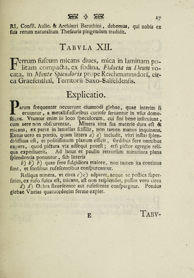 RI, Confil. Aulic. & Archiatri Baruthini, debemus, qui nobis ex fuis rerum naturalium Thefauris pingendam tradidit. Tabvla XII. Ferrum fufcum micans diucs, mica in laminam po¬ litam compada, ex fodina. Fiducia in Deum vo¬ cata, in Monte Splendoris prope Reichmannsdorf, cir¬ ca Graefenthal, Territorii Saxo-Salfeldenfis. Explicatio. Parum frequenter occurrunt eiusmodi glebae, quae interim fi eruuntur, a metallifolToribus curiofe feruantur in vfus dome- fticos. Vtuntur enim iis loco fpeculorum, cui fini bene inferuiunt, cum aere non obfcurentur. Minera tota fua materie dura eft & micans, ex parte in lamellas fciflilis, non tamen manus inquinans, Extus uero ea portio, quam littera d) d) includit, vitri inftar fplen- didiflima efl, et politiffimum planum efficit, fordibus fere omnibus expers, quod piatura vix adfequi potefi:; etfi pidlor egregie reli¬ qua expediuerit. Ad latus et paullo retrorfum minutiora plana Iplendentia ponuntur , fub litteris b') b') b') quae fere fulgidiora maiore, non tamen ita continua funt, et fordibus rufefcentibus confpurcancur. Reliqua minera, vt circa c} c) adparet, aeque ac poflica fuper- ficies,ex rufo fufca eft, micans, aft non refplendet, paffiin vero circa k) d) Ochra flauefcente aut rufefcente confpergitur. Pondus glebae Vncias quatuordecim ferme explet. E