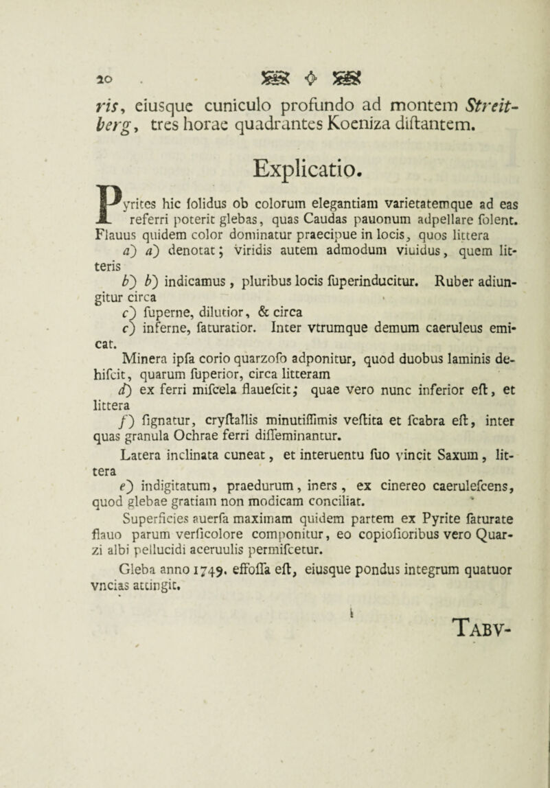 lo . ym ym ris^ eiusque cuniculo profundo ad montem Streit- bergy tres horae quadrantes Koeniza diftantem. Explicatio. Pyrites hic lolidus ob colorum elegantiam varietatem que ad eas referri poterit glebas, quas Caudas pauonum adpellare folent. Flauus quidem color dominatur praecipue in locis ^ quos littera a) a) denotat; viridis autem admodum viuidus, quem lit¬ teris b') b) indicamus, pluribus locis fuperinducitur. Ruber adiun- gitur circa f) fuperne, dilutior, & circa f) inferne, faturatior. Inter vtrumque demum caeruleus emi¬ cat. Minera ipfa corio quarzofo adponitur, quod duobus laminis de- hifcit, quarum fuperior, circa litteram d) ex ferri mifcela flauefcit,* quae vero nunc inferior efl, et littera /) fignatur, cryftallis minutiffimis veflita et fcabra eil, inter quas granula Ochrae ferri difleminantur. Latera inclinata cuneat, et interuentu fuo vincit Saxum, lit¬ tera indigitatum, praedurum, iners, ex cinereo caerulefcens, quod glebae gratiam non modicam conciliat. Superficies auerfa maximam quidem partem ex Pyrite faturate flauo parum verficolore componitur, eo copiofioribus vero Quar- zi albi pellucidi aceruulis permifcetur. Gleba anno 1749. effofla eft, eiusque pondus integrum quatuor vncias attingit.