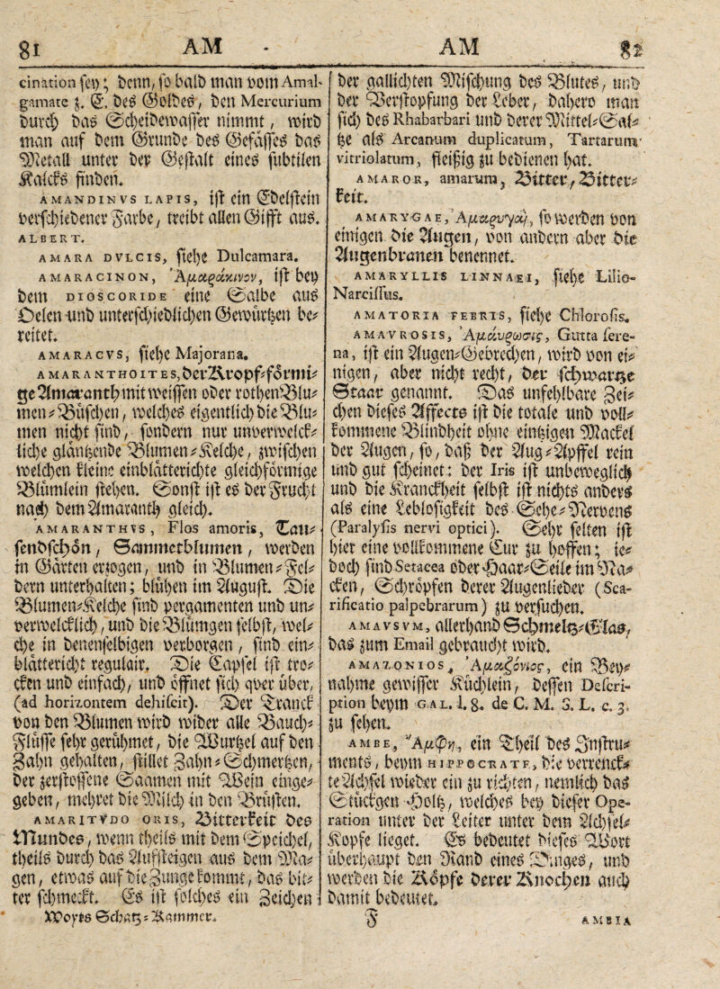 8i_AM - cinätion fei) * bcttn, fo bciib tlHVfl 00W Amal- gamate $. (J. beS ©OlbeS, beit Mercurium burd; bas @d)etbewaffev nimmt, miri) man auf bem ©runbe beS ©efaffeS bas SOtctall unter bet ©ejialt eines fubtiien Äalcfs fmbeti AMANDINVS LAPIS, |ft Cttl SbcifleiU oerfchtebener tyarbe, treibt allen ©ijft aus. A L B E R T. am ara dvlcis, ftcl)C Dulcatmra, AMARACiNON, ''Αμαςώκίνον, t ft bet) bem dioscoride eine (Salbe aus Oeten unb unterfd)ieb^en ©evoüvijett be* reitet. amaracvs, ft'el)C Majorans, AMARANTHOITES, bCt'2^l'Opf#f0nitt# ge2lma'ancbmitmdfjen ober rotl)ens33lu? men*23üfd)en, weld)eS eigentlid)bäeii)im men nicht ftnb, fonbern nur unoerwelcf* lid)e glcinfeenbe Blumen *.Sveid)e, jwifd)en voelcben fleine einblatterid)te gleichförmige iölümletn ftel)en. ®onft i|t es bergrudjt ηαφ bem Amaranti) gleid). amaranthvs, Flos amoris, Zaxu I fenbf<£x>n, Snmmetbiumen, werben in ©arten erlogen , unb in iölumen^ei* bern unterhalten; blühen im 2lugu(i ©te 33lumen^eld)e ftnb pergamenten unb um oervoelcf lieb, unb bieiölümgen felbjt, wel* cbe in benenfelbigen oerborgen, ftnb ein* blatteridjt regulair. ©te €apfel ift tro* eben unb einfad), unb öffnet ftd) qoer über, (ad horixontem dehifeit). ©er ©rancf oon ben Blumen wirb wiber alle Q3aucl)* glttjfe febr gerübmet, bie Kurbel auf ben §a!)n gebalten, füllet gatm # Schmetten, ber jeeftoflene ©aatnen mit %Bein eilige# geben, mebret bieÜOiild) in ben -Stuften, amaritvdo oris, 23ittetfeic bea JTlunbee, wenn tljetls mit bem ®pctd)ei, tbeils burd) bas 2lufft eigen aus bem iXRa* gen, etwas auf bie punge fommt, bas bin ter fd)tnecft, S'S irt fold)eS ein 3eid)en: XPoyts ©clMtj! Kammer. ' ber gallid)ten StifSbung bes Blutes, unb ber ‘©etfiopfung ber £eber, bahero man ftd) bes Rhabarbari unb beveriSiiftebiSiafi fee a(S Arcanum duplicatum, Tartarurrr vitriolamm, fleifjtg p bebienen bat. amaror, amarum, 2οίΐΐ(ΐ, 23ittCV^ fett. a m a r y<5 Ae, ’ A/xa^i/y«/, fo werben oott einigen bie klugen, oon anbecn aber bie 2tugenbianen benennet. AMARYLLIS LIN N AE I , .M« LÜio- NarciiFus. AMATORIA FEBRIS, CKiorofis. a m a v rosis, ’Αμΰυξωσις, Gutta iere- na, ift ein Singen*® ebred)cn, wirb oon et* ntgen, aber ηίφί red)t, ben febumrtje θίααο genannt, ©as unfehlbare Sei# d)en biefeS Siffecta ift bie totale unb ooll* fommene 33ltnbheit ohne einfigeu iSKaefef ber Slugen, fo, bajj ber 2iug * Slpffel retn unb gut fcheinet: ber Iris tjl unbeweglich unb bie Ärancfheit felbjf ift nichts anbers als eine Sebloftgfeit beS @el)e*9ceroenS (Paralyfis nervi optici). ©el)t feiten ift hier eine ücüfommene €ur p hoffen; te* ^οφ finbSetacea ober di)aat*®eiie tm ΰ ία* eben, ®d)ropfen feerer Slugenlieber (Sca¬ rificatio palpebrarum ) p Oerfud)eU. amavsvm, alletlpnb 0dbmeli3*©iaa* bas pm Email gebraucht wirb. άμαχο ni os, 'Αμαζόνιος, ein -Bit)* nähme gewifer Äiidtlein, beffen Defcri- ption bepm g a L. 1.8, de C. M. S. L. c. 3. p fehetr. ambe, Αμφνι, ein ©H)etf bes3:nftru* ments, beom hipp c er, m, bie oevrefirf* te?M)fel wteber ein p richten, nemlid) bas @tuwgee-qP)ol|, welches be§ biefer Ope¬ ration unter ber Setter unter betn 2ld)fei* Äopfe lieget. & bebetttet biefeS *2Βοα überhaupt ben 3ianb eines ©mges, unb werben bie Äopfe bereu 2ined;cn αηφ feamtt bebeuiet, 3 ÄM8IA